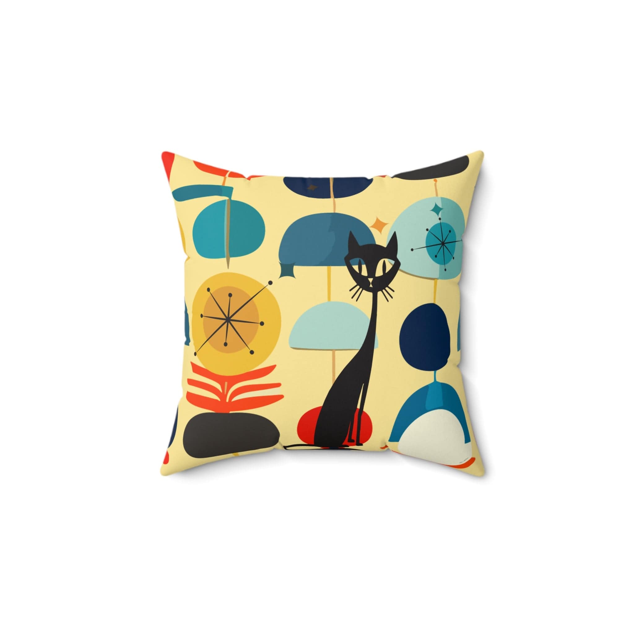 Kate McEnroe New York MCM Atomic Cat Retro Vintage Geometric Throw Pillow, Mid Century Modern Teal, Aqua, Yellow Living Room, Bedroom Accent Pillow - 130682623Throw Pillows10977950734468883026