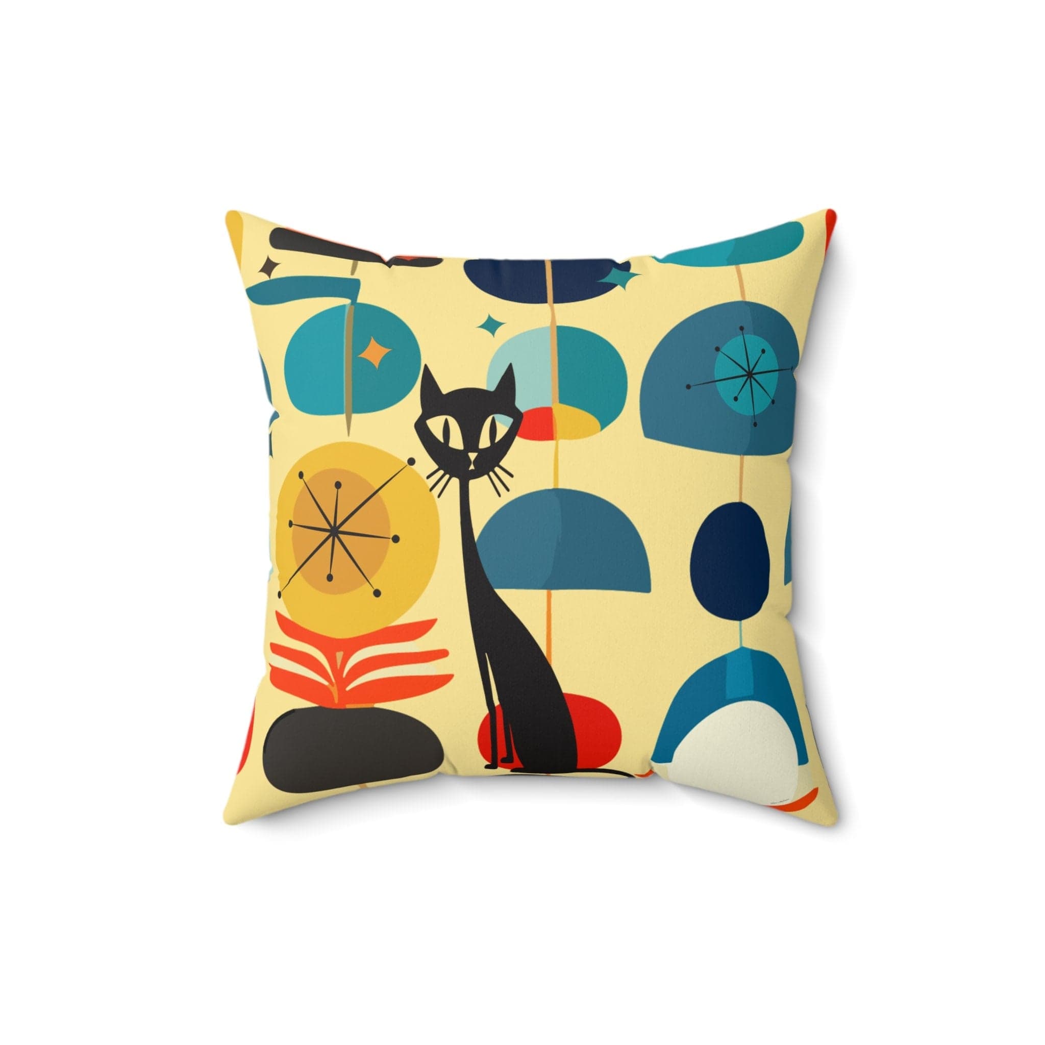 Kate McEnroe New York MCM Atomic Cat Retro Vintage Geometric Throw Pillow, Mid Century Modern Teal, Aqua, Yellow Living Room, Bedroom Accent Pillow - 130682623Throw Pillows10977950734468883026