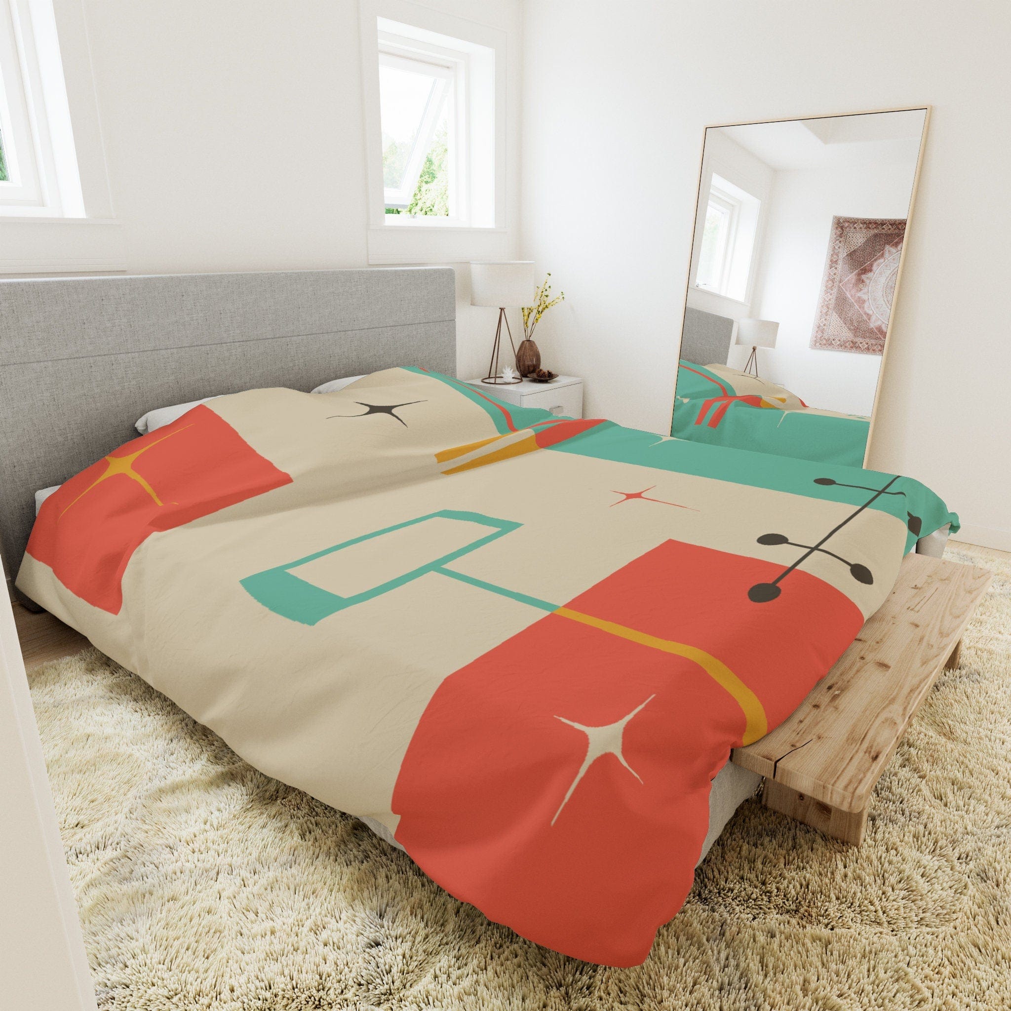 Kate McEnroe New York MCM Atomic Starburst Duvet Cover, Retro Geometric Abstract Teal, Burnt Orange Cream, Mustard Yellow Queen, King, Twin, Twin XL BeddingDuvet Covers3285493940