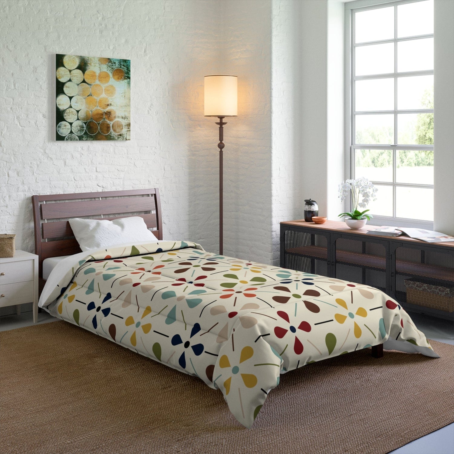 Kate McEnroe New York MCM Floral Comforter, Minimalist Scandinavian Modern Danish Retro Whimsical Blooms Bedding Comforters 68&quot; × 92&quot; 43873990503924827818