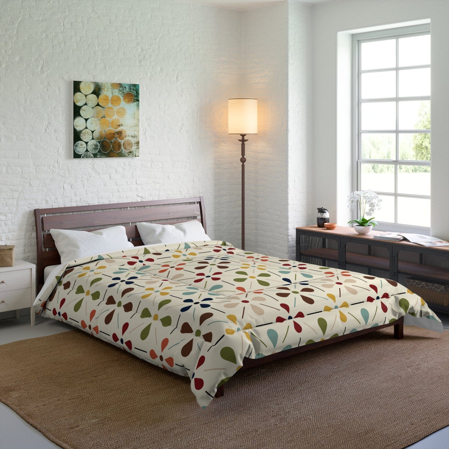 Kate McEnroe New York MCM Floral Comforter, Minimalist Scandinavian Modern Danish Retro Whimsical Blooms Bedding Comforters 88&quot; × 88&quot; 26735213552905075542