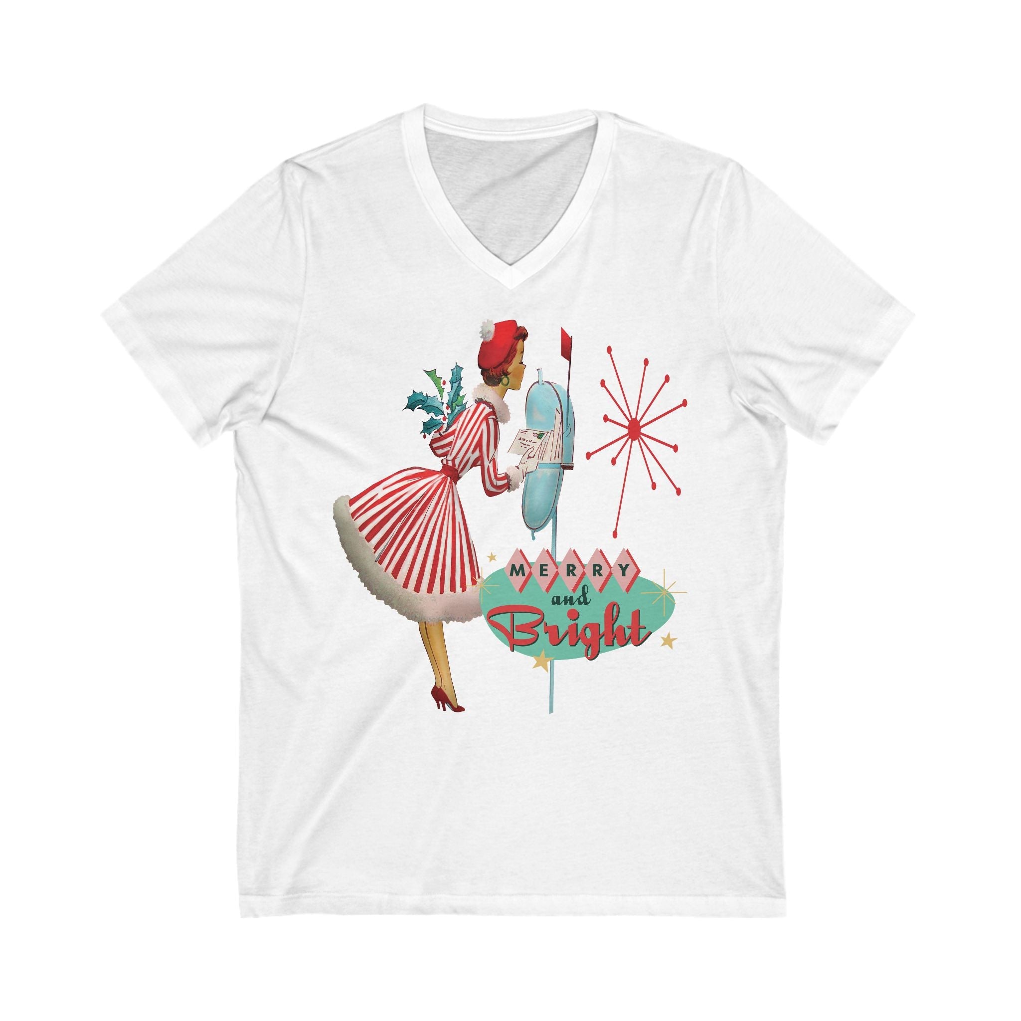 Kate McEnroe New York Merry and Bright Retro 50s Kitsch Christmas V - Neck Tee, Mid Century Modern Holiday Apparel, Vintage Christmas Card Art ShirtT-Shirts18438082107185631284