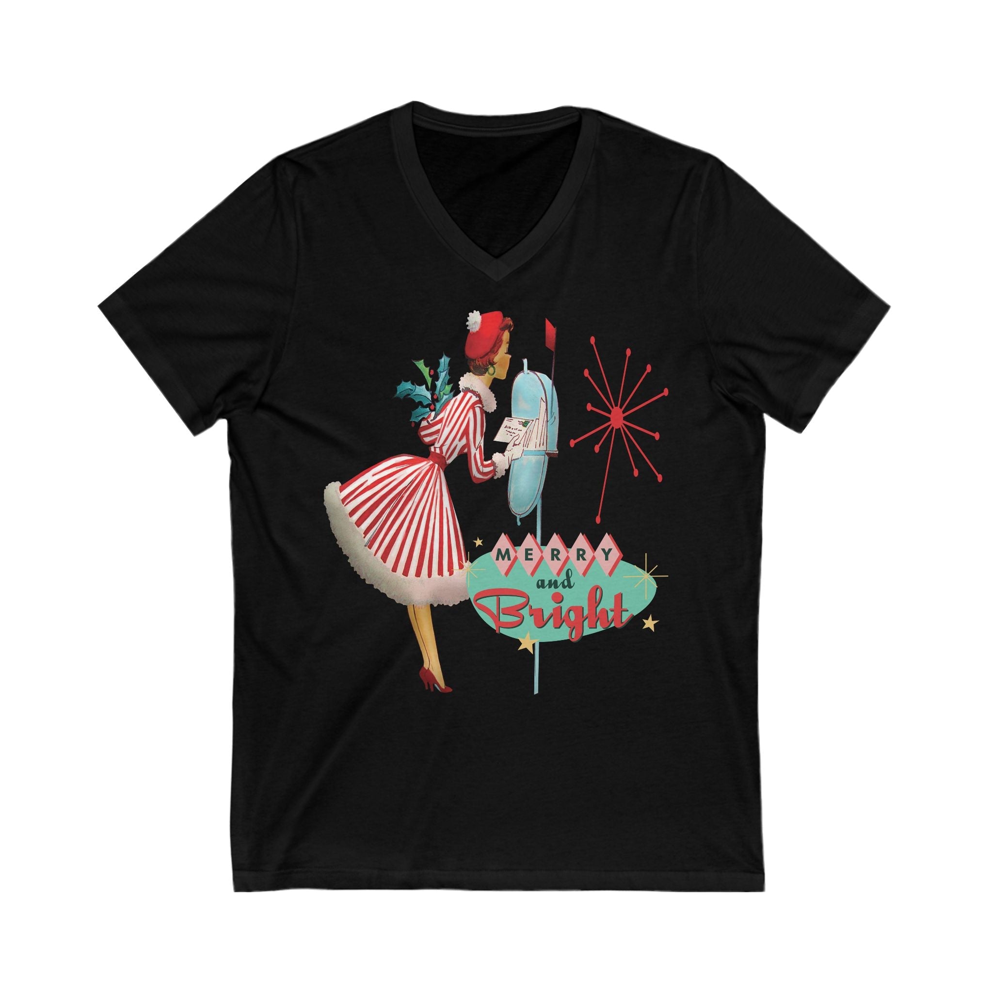 Kate McEnroe New York Merry and Bright Retro 50s Kitsch Christmas V - Neck Tee, Mid Century Modern Holiday Apparel, Vintage Christmas Card Art ShirtT-Shirts21727432967646197519