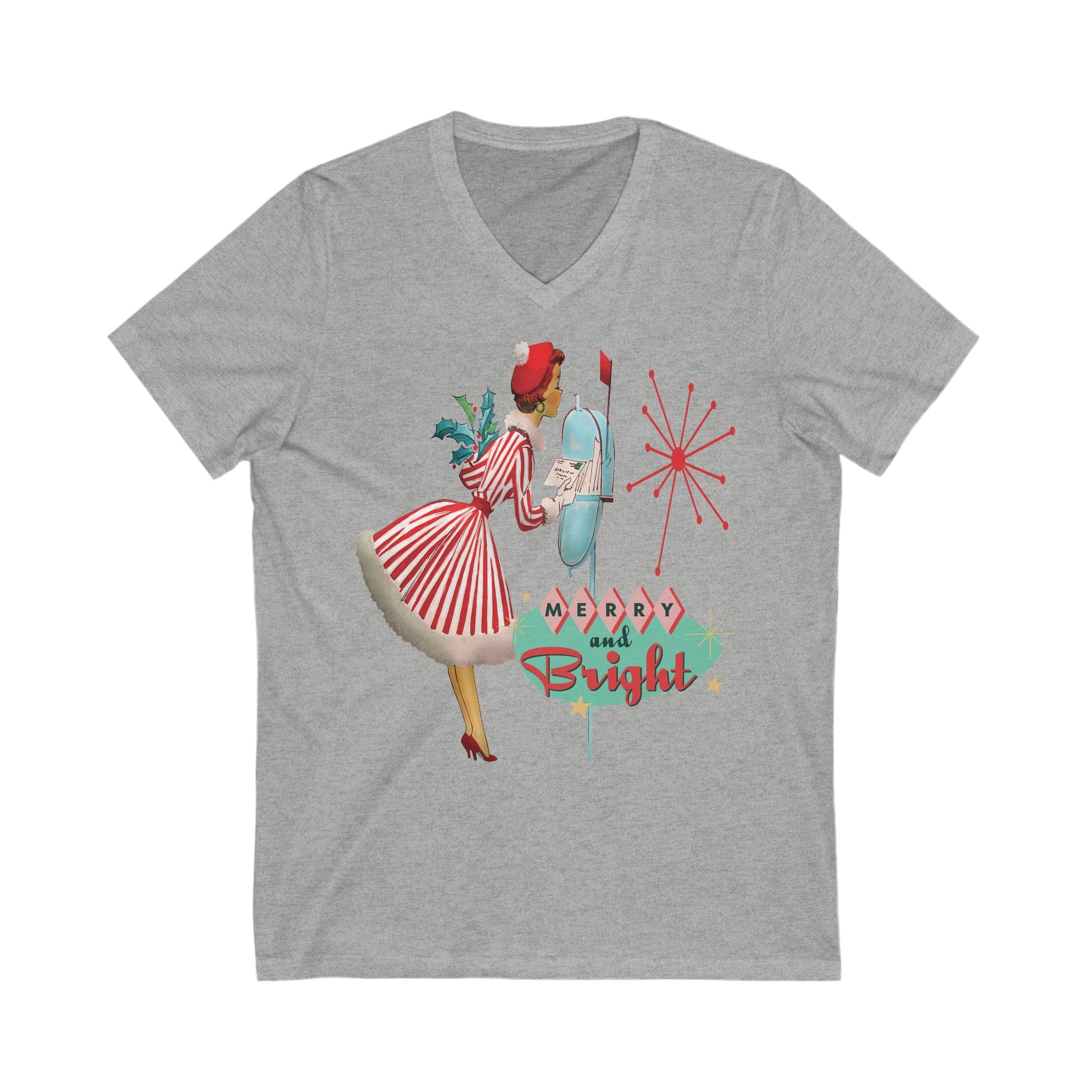 Kate McEnroe New York Merry and Bright Retro 50s Kitsch Christmas V - Neck Tee, Mid Century Modern Holiday Apparel, Vintage Christmas Card Art ShirtT-Shirts28941061262168570184