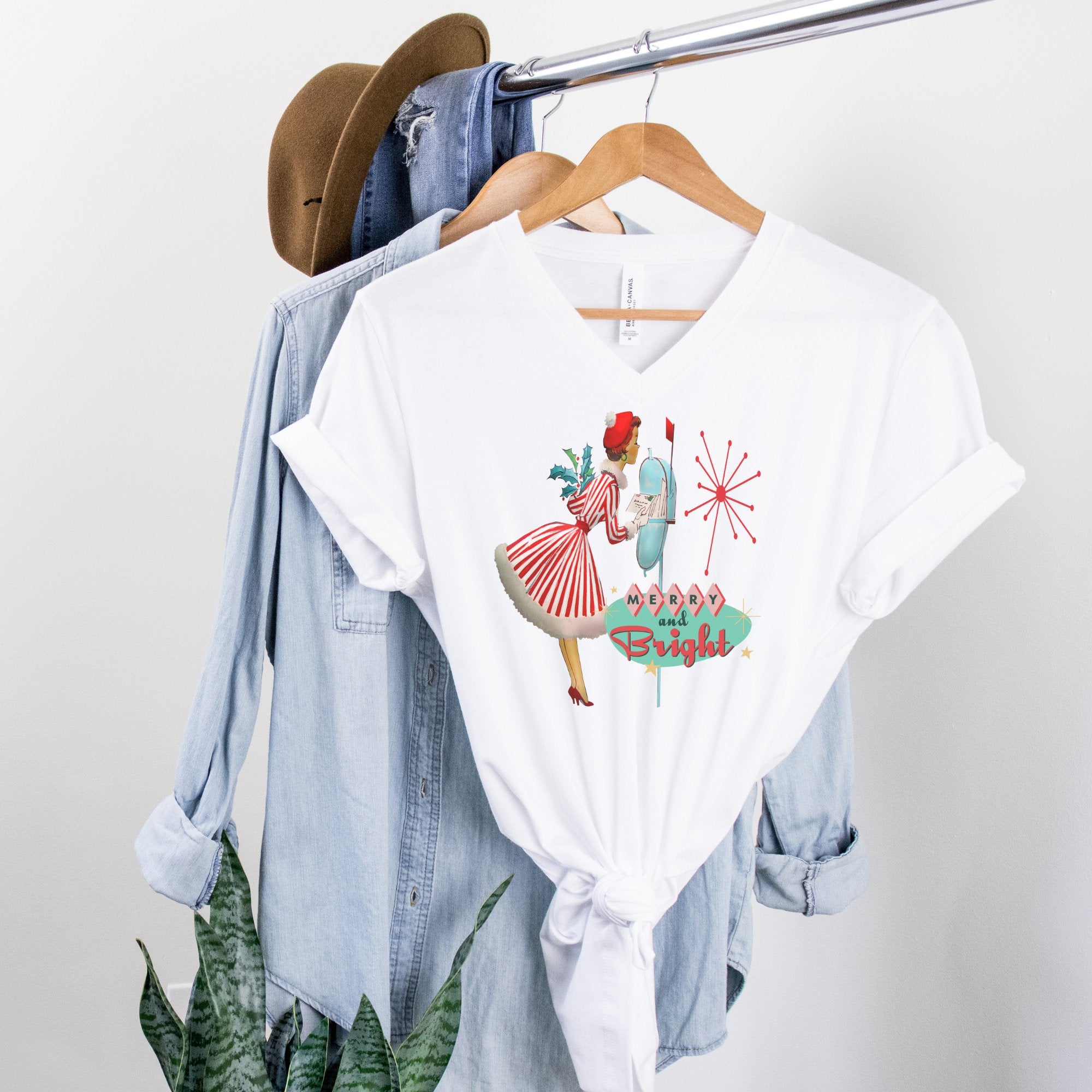 Kate McEnroe New York Merry and Bright Retro 50s Kitsch Christmas V - Neck Tee, Mid Century Modern Holiday Apparel, Vintage Christmas Card Art ShirtT-Shirts28941061262168570184