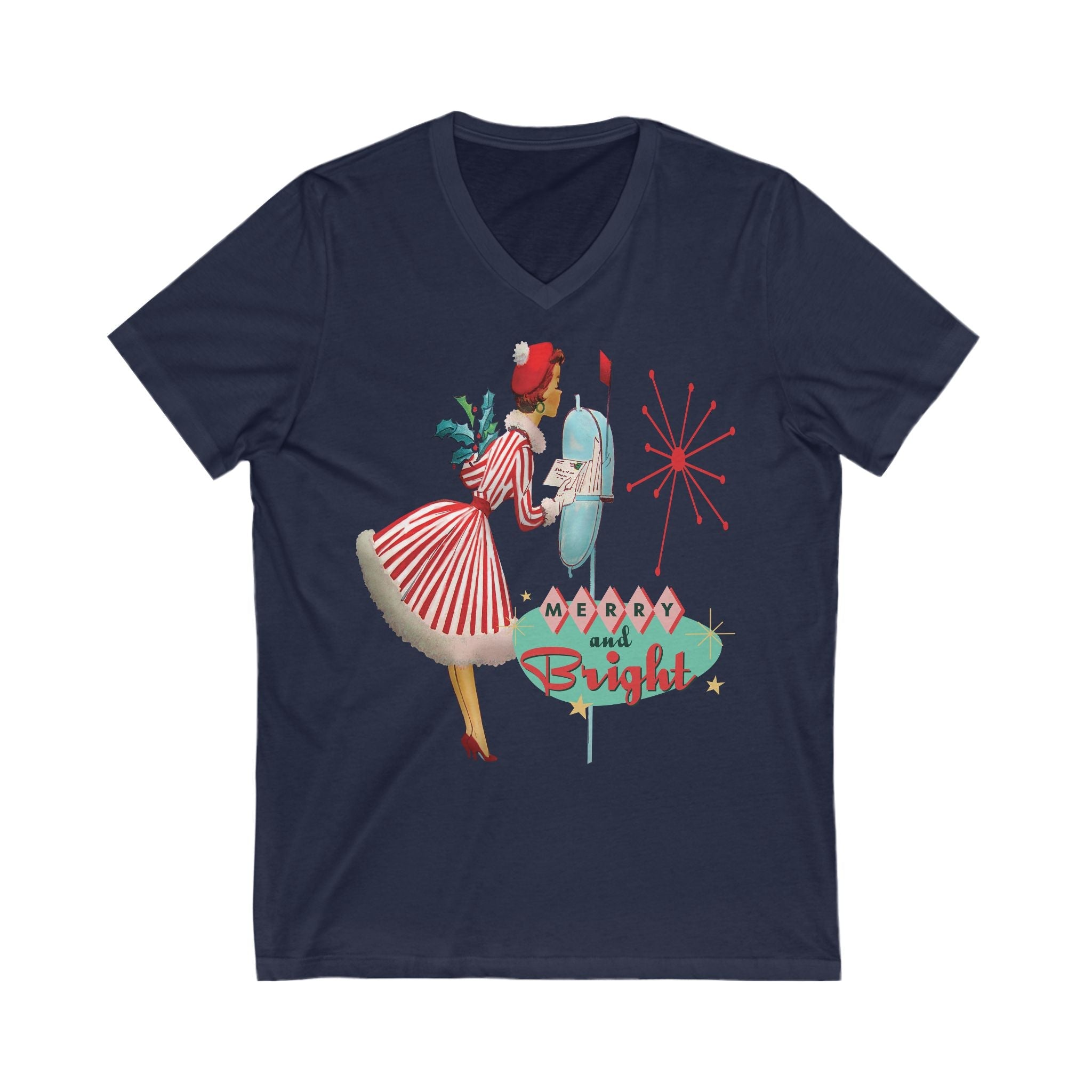 Kate McEnroe New York Merry and Bright Retro 50s Kitsch Christmas V - Neck Tee, Mid Century Modern Holiday Apparel, Vintage Christmas Card Art ShirtT-Shirts53138377746760227759