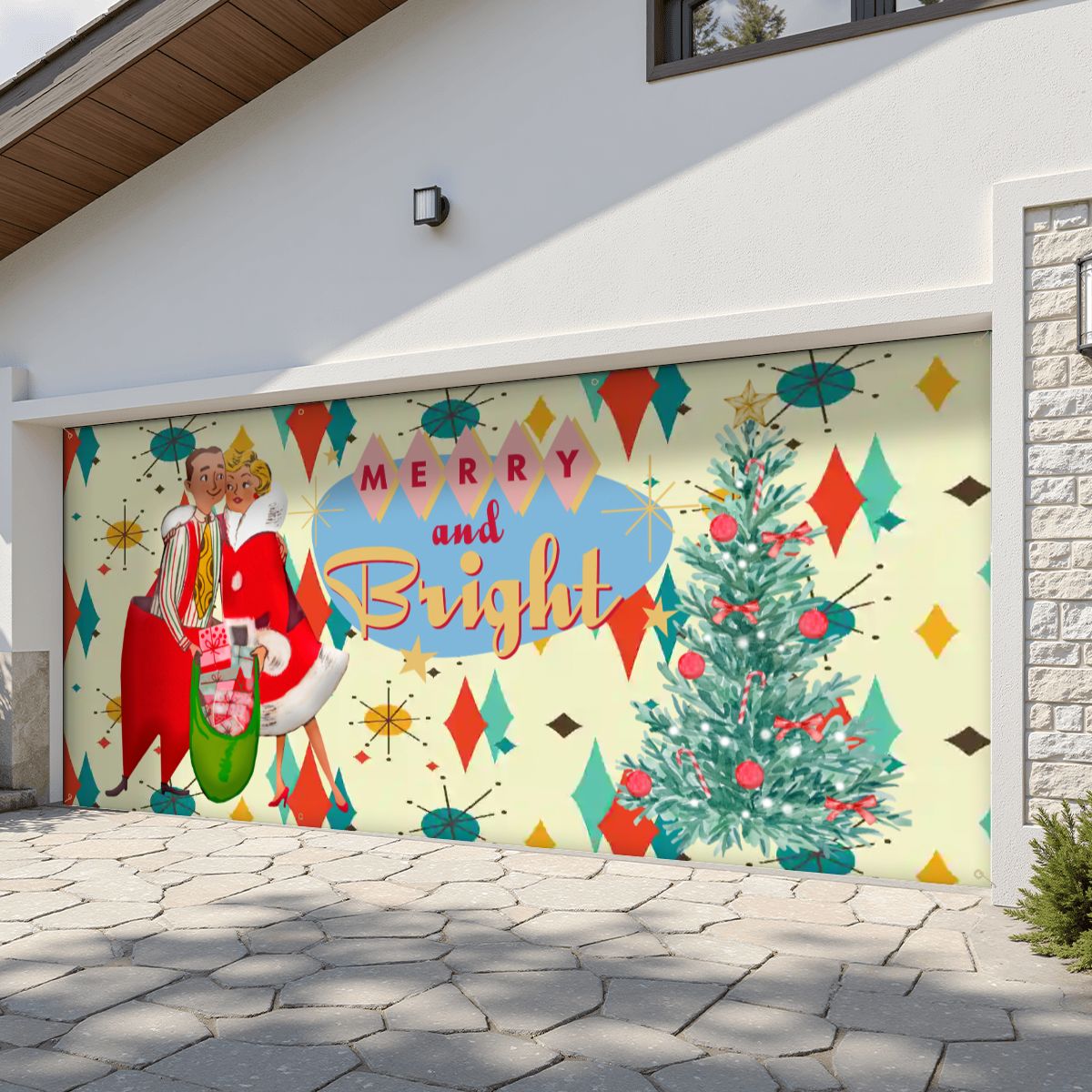 Kate McEnroe New York Merry and Bright Vintage Christmas Garage Door Banner, Retro Mid Century Modern Holiday DecorGarage Door BannerPlilt075Wk