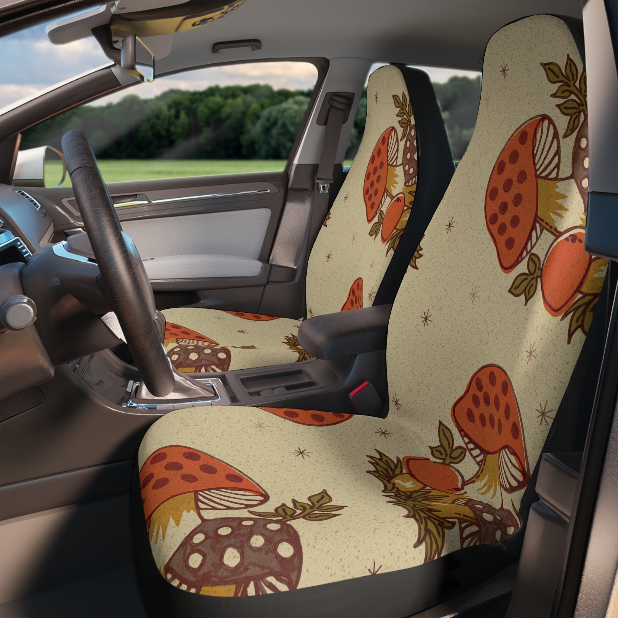 Kate McEnroe New York Merry Mushroom Car Seat Covers, Retro Boho Cottagecore Car Decor, 70s Vintage Botanical Print Vehicle AccessoriesCar Seat Covers40284862107130310502