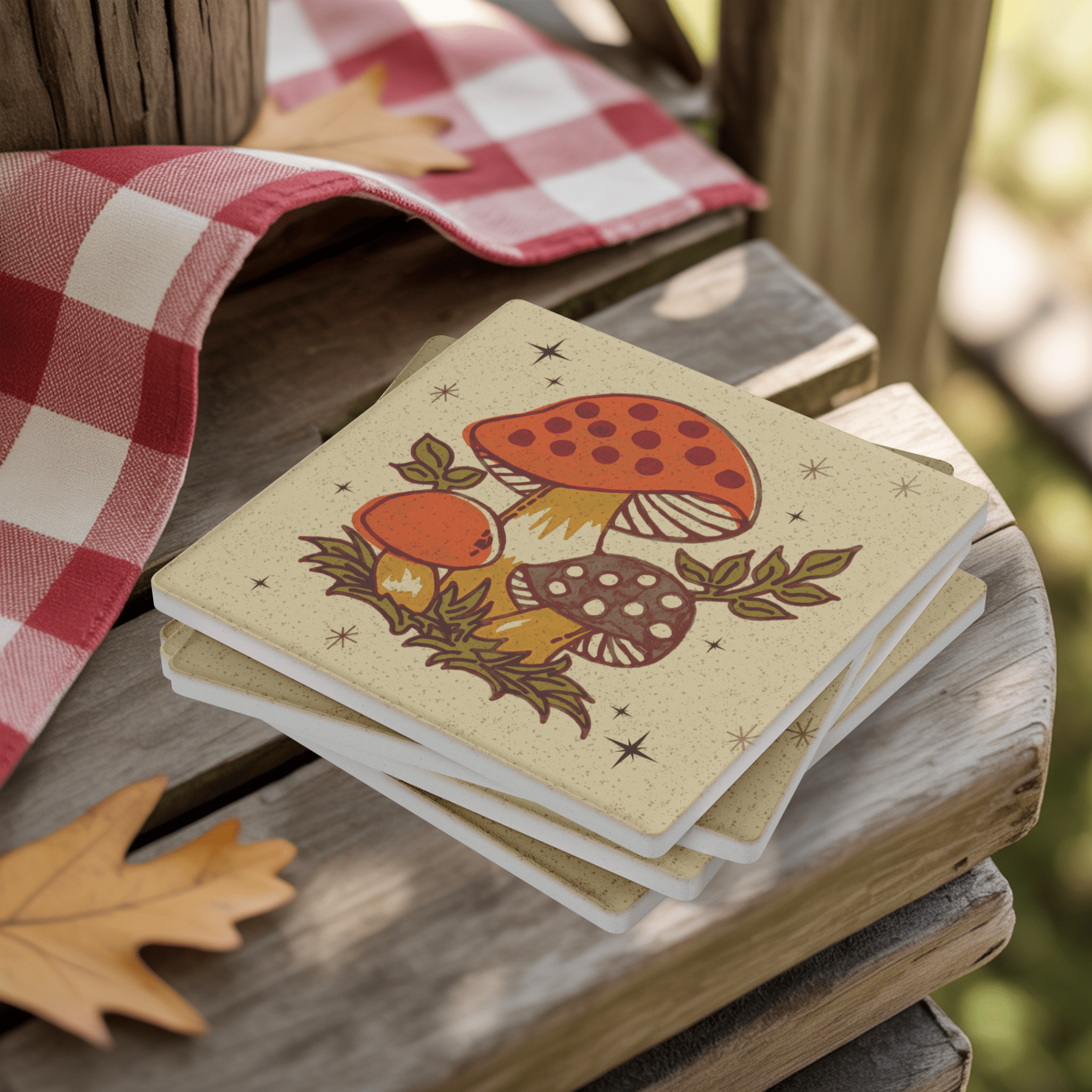 Kate McEnroe New York Merry Mushroom Coasters, Mid Century Modern Retro 70s Drinkware Set of 4Coasters7021