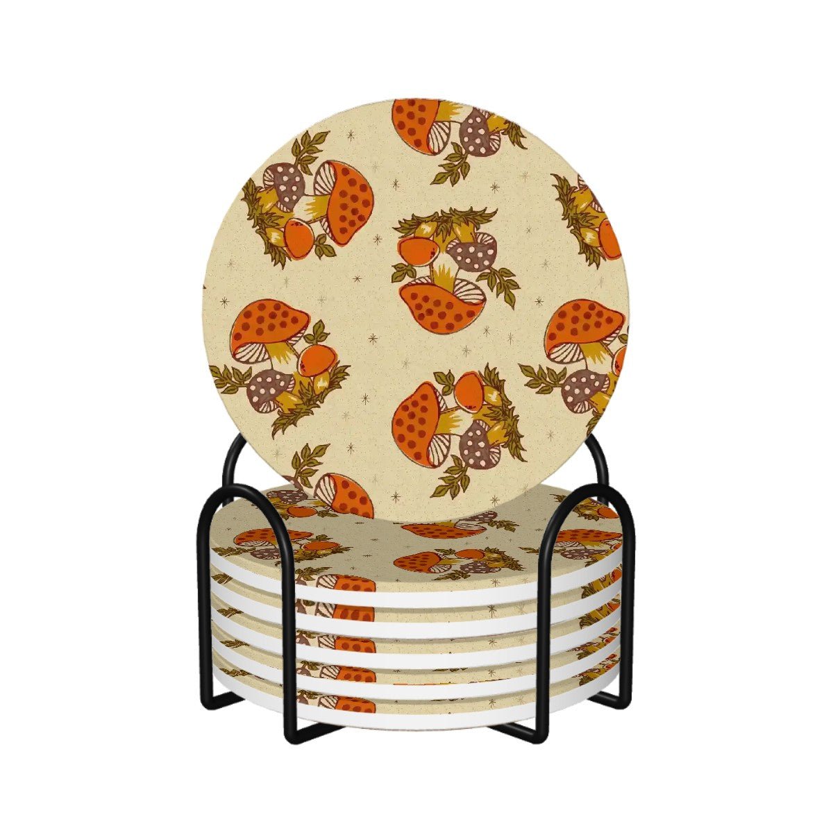 Kate McEnroe New York Merry Mushroom Set of 6 Round Ceramic Coasters, Cottagecore Table Decor, Retro 70s Kitchen AccessoriesCoastersmxBZeN1guy