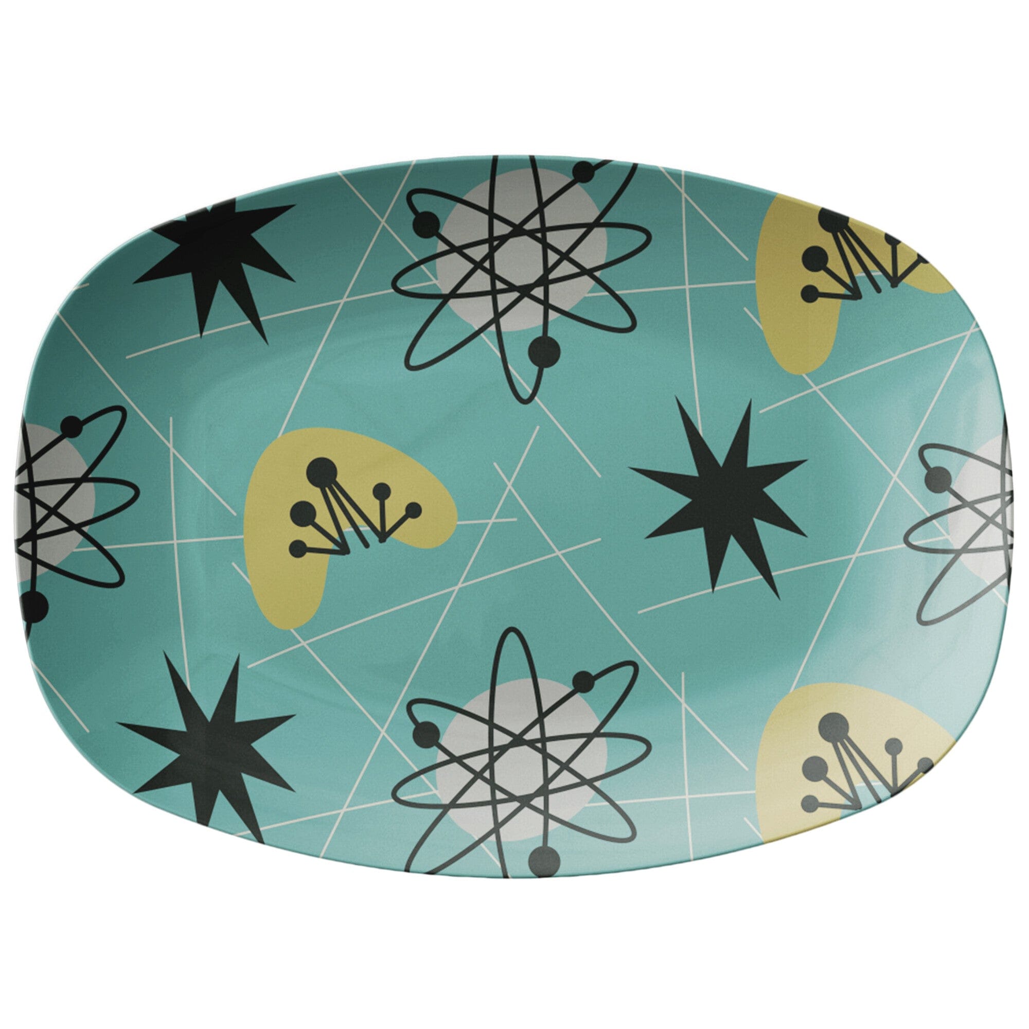 Kate McEnroe New York Mid Century 1950s Retro Aqua Starbursts Atomic Boomerang Serving PlatterServing PlattersTHE - MID - AQU - 58