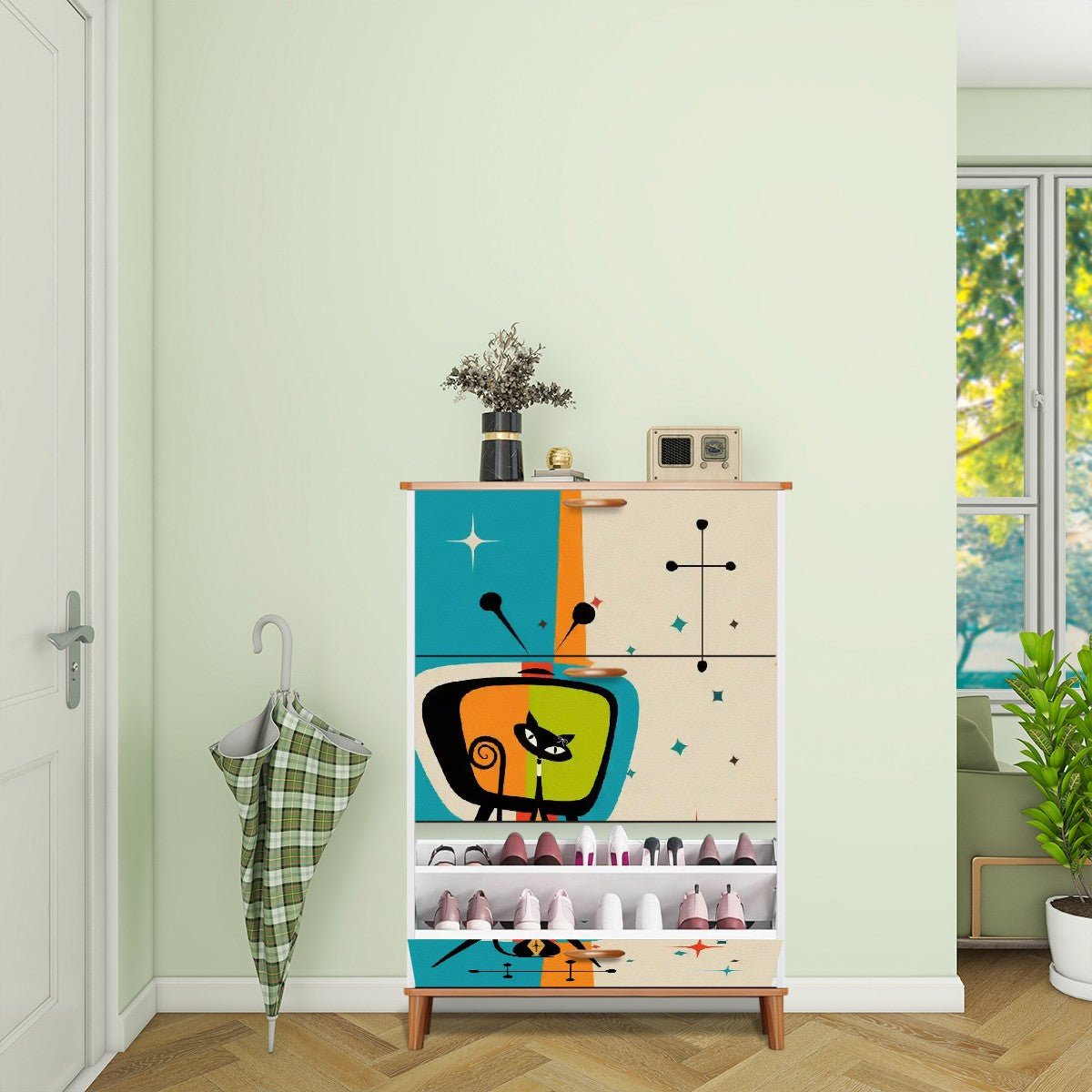 Kate McEnroe New York Mid Century Atomic Cat Retro TV Shoe Cabinet, Vintage Style Starburst Storage, 50s Mod FurnitureShoe StorageKfMI84bKpH