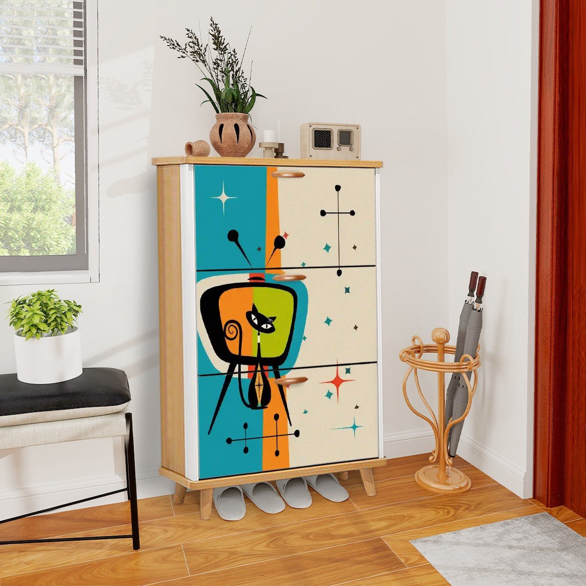 Kate McEnroe New York Mid Century Atomic Cat Retro TV Shoe Cabinet, Vintage Style Starburst Storage, 50s Mod FurnitureShoe StorageKfMI84bKpH