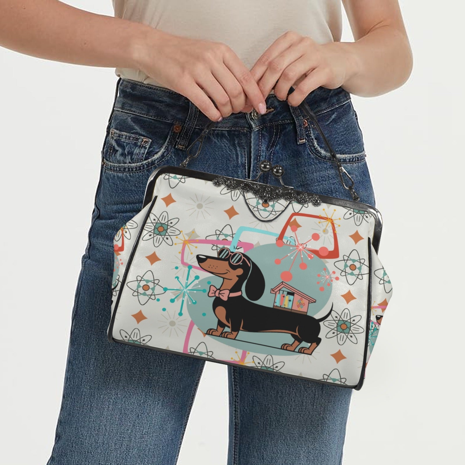 Kate McEnroe New York Mid Century Atomic Dachshund Starburst Doxie Dog Kisslock PurseCrossbody BagsD3266658