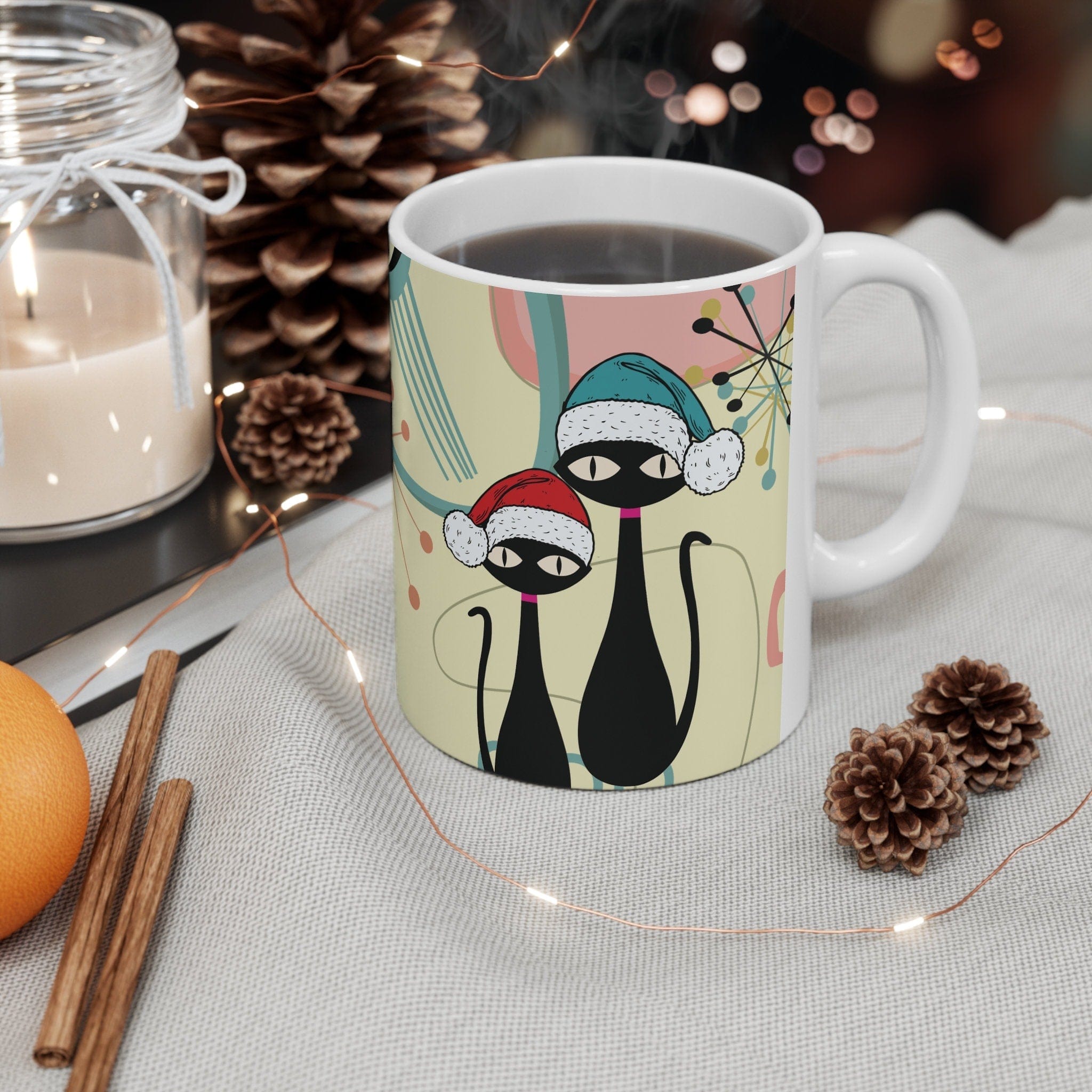 Kate McEnroe New York Mid Century Christmas Cat Mug - Retro Atomic Starburst Boomerang Holiday Drinkware - Kitschy Hippie 11oz CupMugs69012923896369388546
