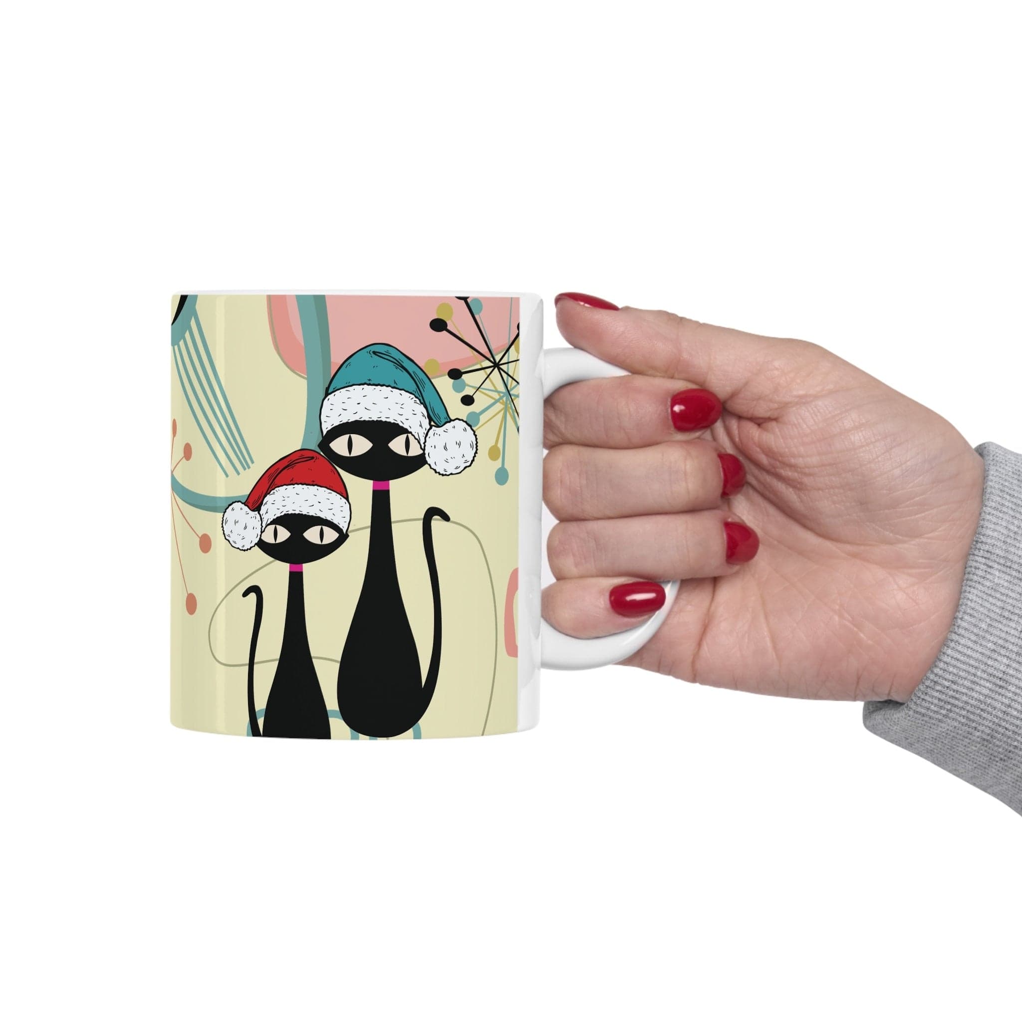 Kate McEnroe New York Mid Century Christmas Cat Mug - Retro Atomic Starburst Boomerang Holiday Drinkware - Kitschy Hippie 11oz CupMugs69012923896369388546