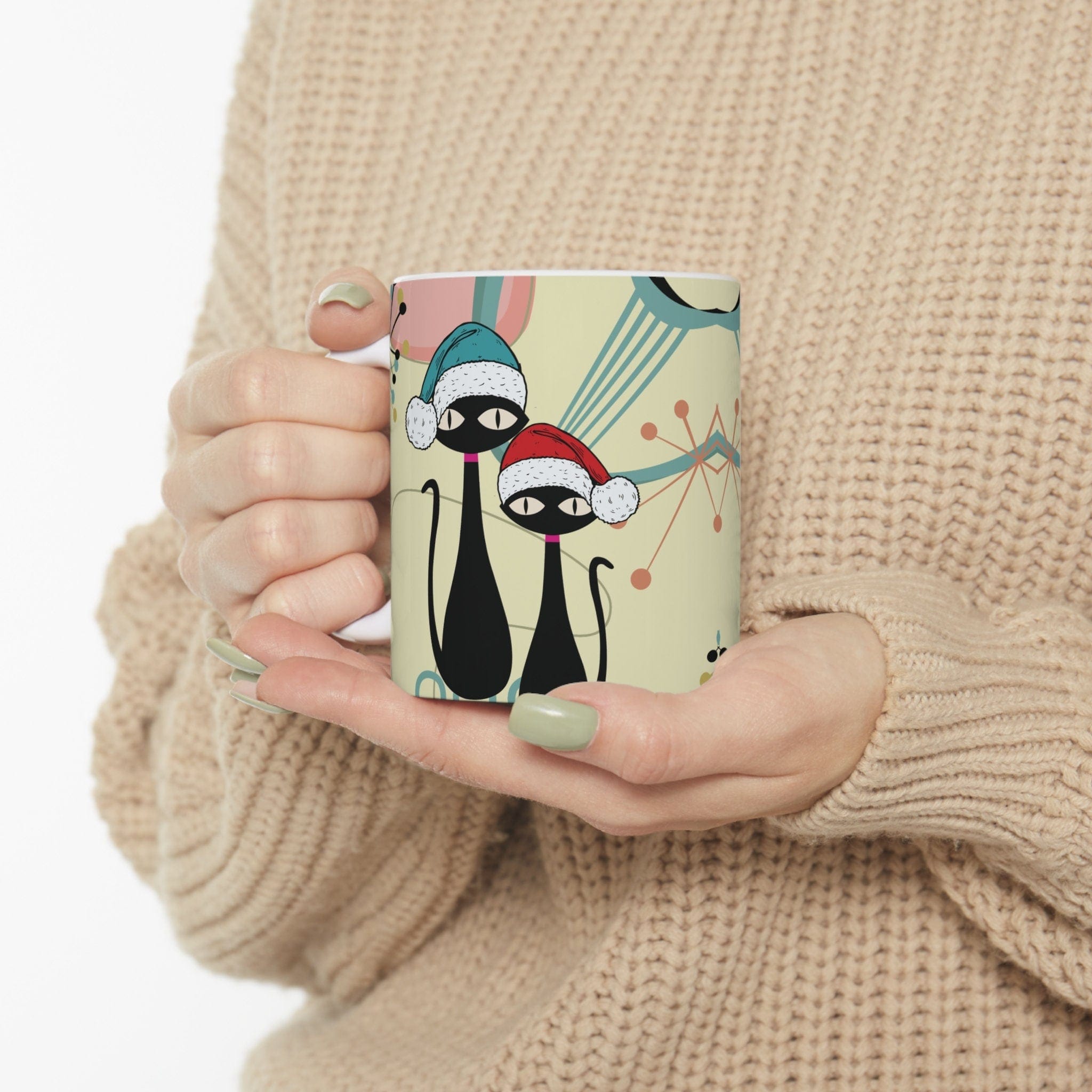 Kate McEnroe New York Mid Century Christmas Cat Mug - Retro Atomic Starburst Boomerang Holiday Drinkware - Kitschy Hippie 11oz CupMugs69012923896369388546