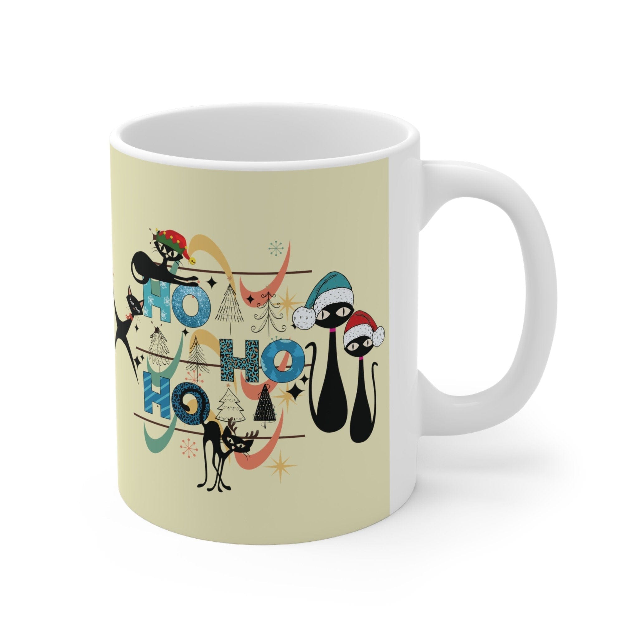 Kate McEnroe New York Mid Century Christmas Kitty Mug - Ho Ho Ho Retro Atomic Boomerang Starburst Holiday Cup - 11oz Kitschy Cat Lover GiftMugs11583604389709481395