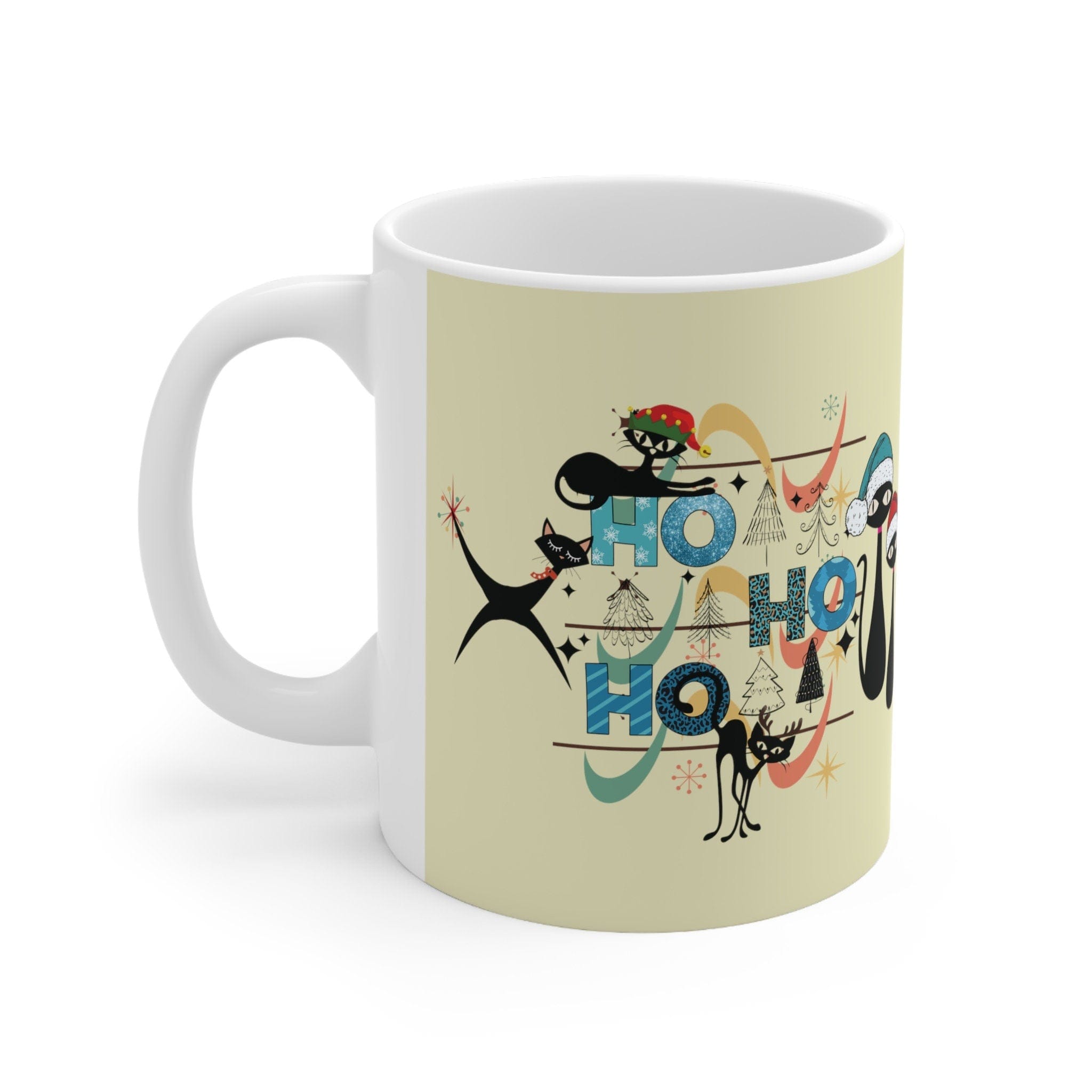 Kate McEnroe New York Mid Century Christmas Kitty Mug - Ho Ho Ho Retro Atomic Boomerang Starburst Holiday Cup - 11oz Kitschy Cat Lover GiftMugs11583604389709481395