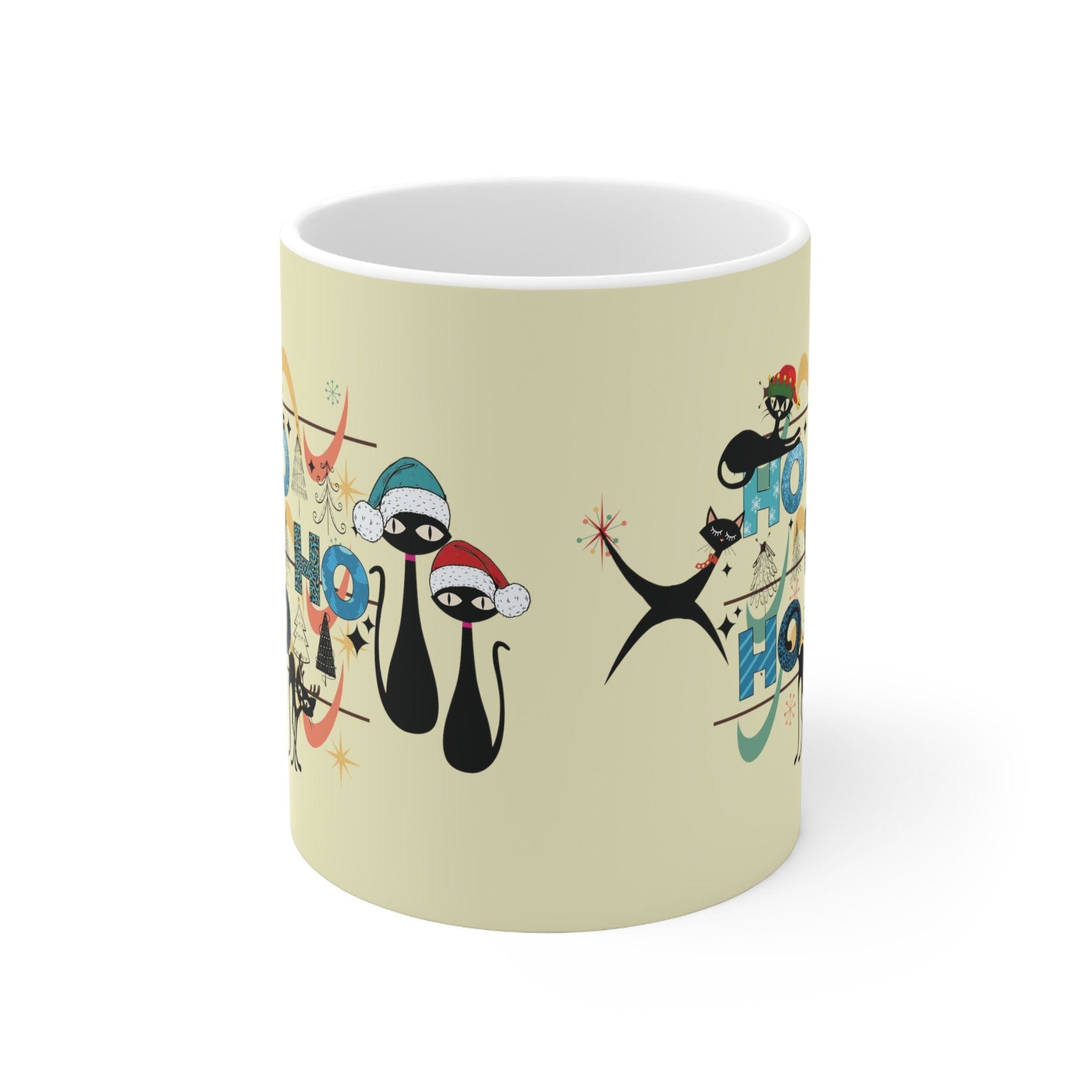 Kate McEnroe New York Mid Century Christmas Kitty Mug - Ho Ho Ho Retro Atomic Boomerang Starburst Holiday Cup - 11oz Kitschy Cat Lover GiftMugs11583604389709481395