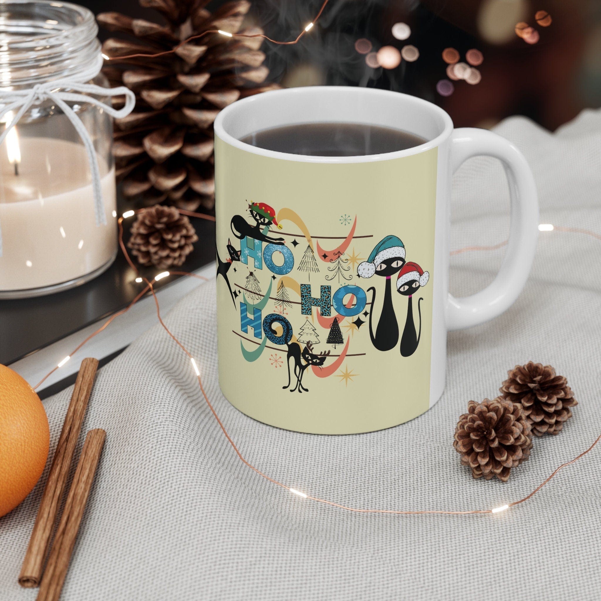Kate McEnroe New York Mid Century Christmas Kitty Mug - Ho Ho Ho Retro Atomic Boomerang Starburst Holiday Cup - 11oz Kitschy Cat Lover GiftMugs11583604389709481395