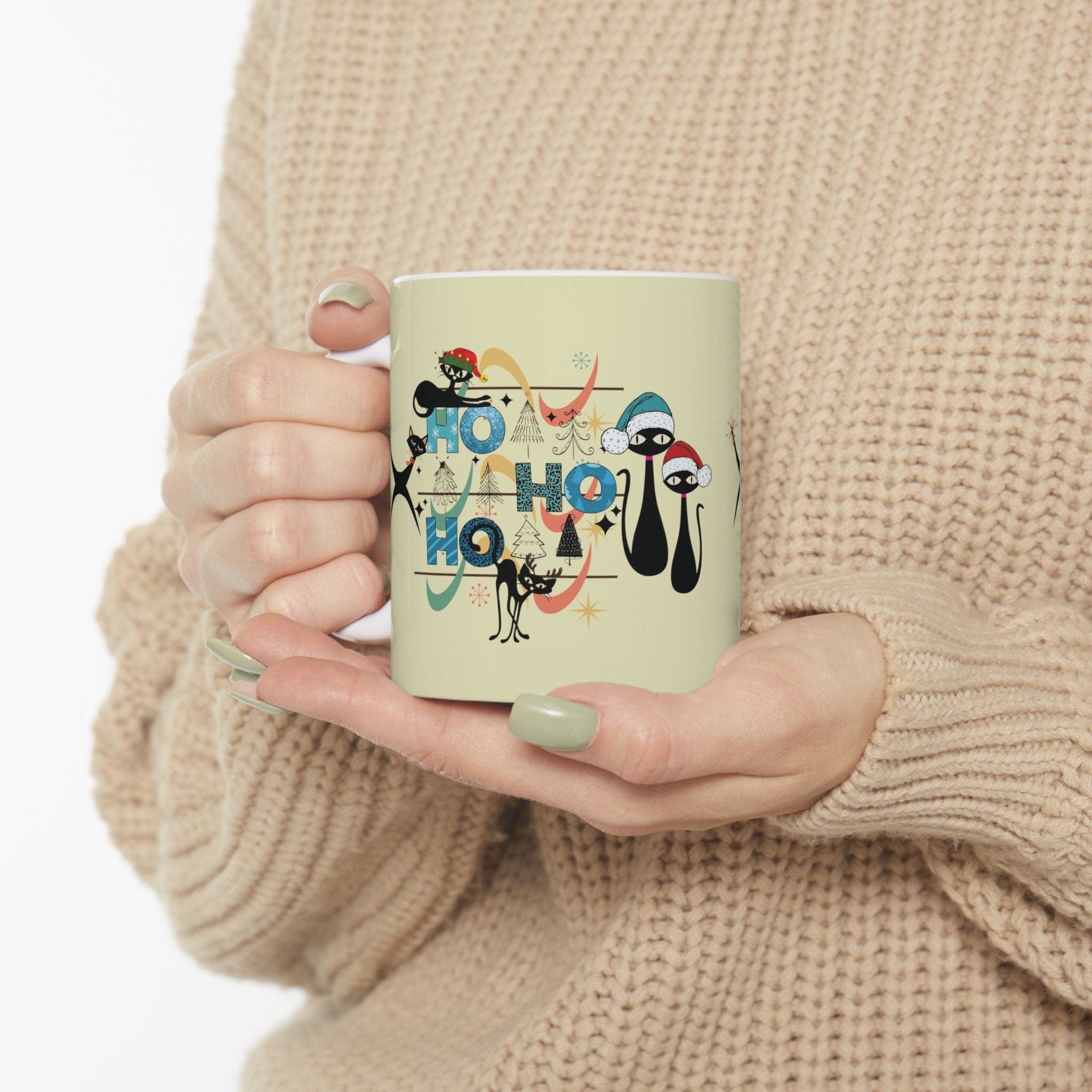 Kate McEnroe New York Mid Century Christmas Kitty Mug - Ho Ho Ho Retro Atomic Boomerang Starburst Holiday Cup - 11oz Kitschy Cat Lover GiftMugs11583604389709481395