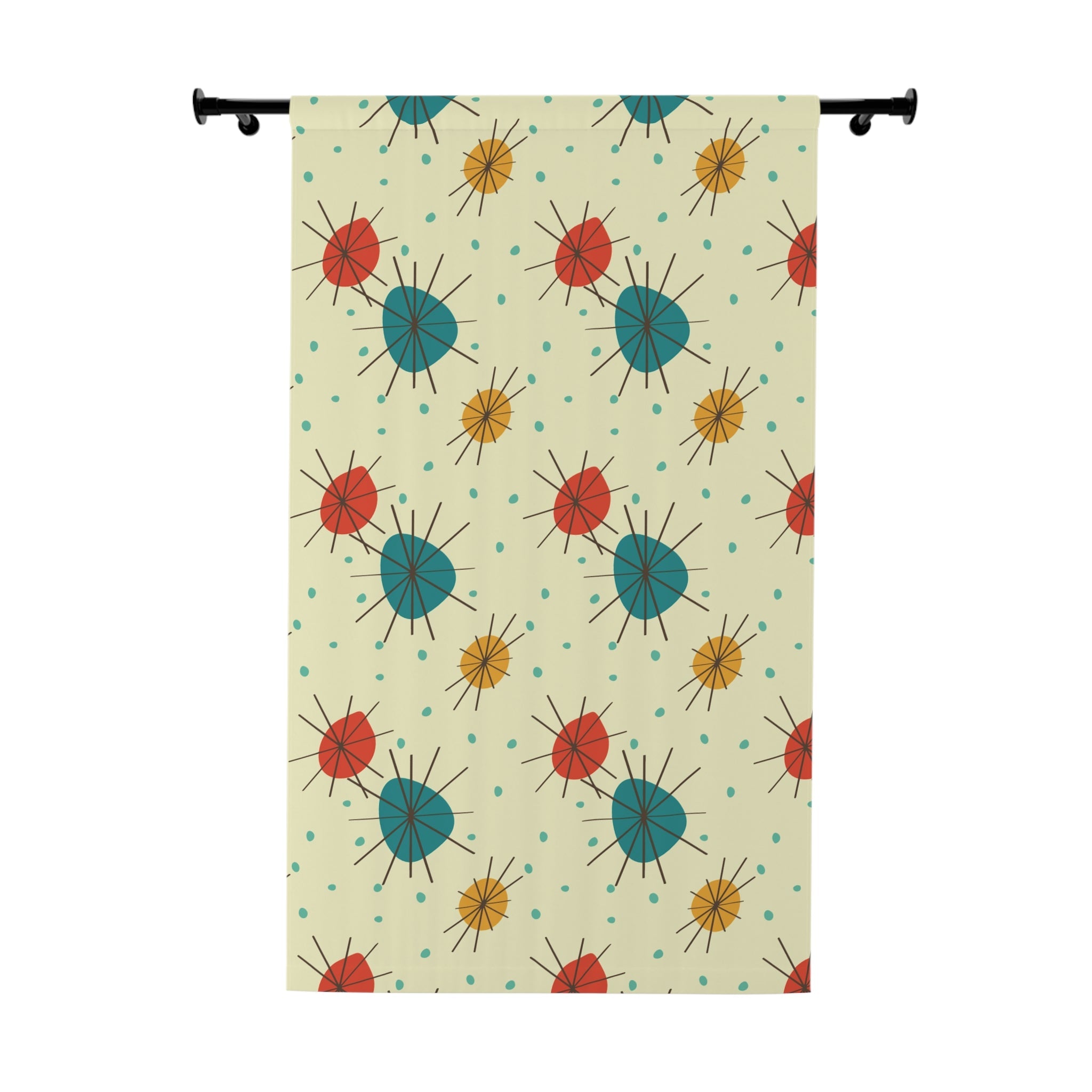 Kate McEnroe New York Mid Century Franciscan Starburst Curtains, Atomic Teal, Mustard, Orange - Retro Window Panels - KM13749723Window CurtainsW3S - ORA - GRA - SH3