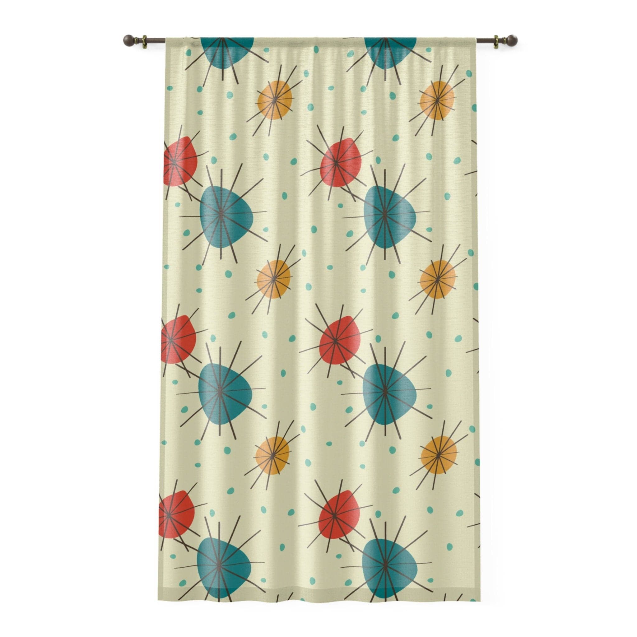 Kate McEnroe New York Mid Century Franciscan Starburst Curtains, Atomic Teal, Mustard, Orange - Retro Window Panels - KM13749723Window CurtainsW3S - ORA - GRA - SH3
