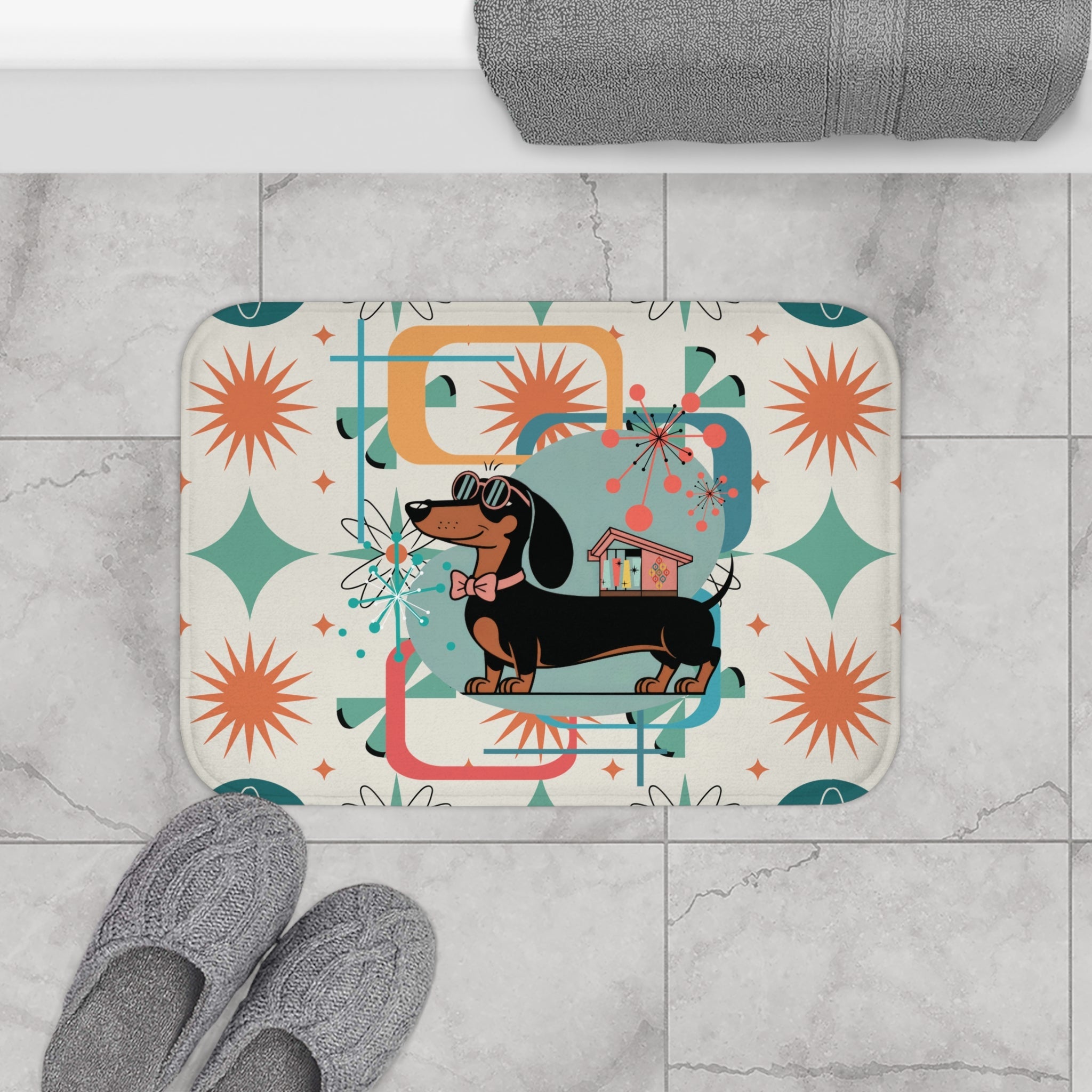 Kate McEnroe New York Mid Century Mod Dachshund Bath Mat, Teal Orange Cream Retro 50s Starburst BathBath Mats73202047155764953679