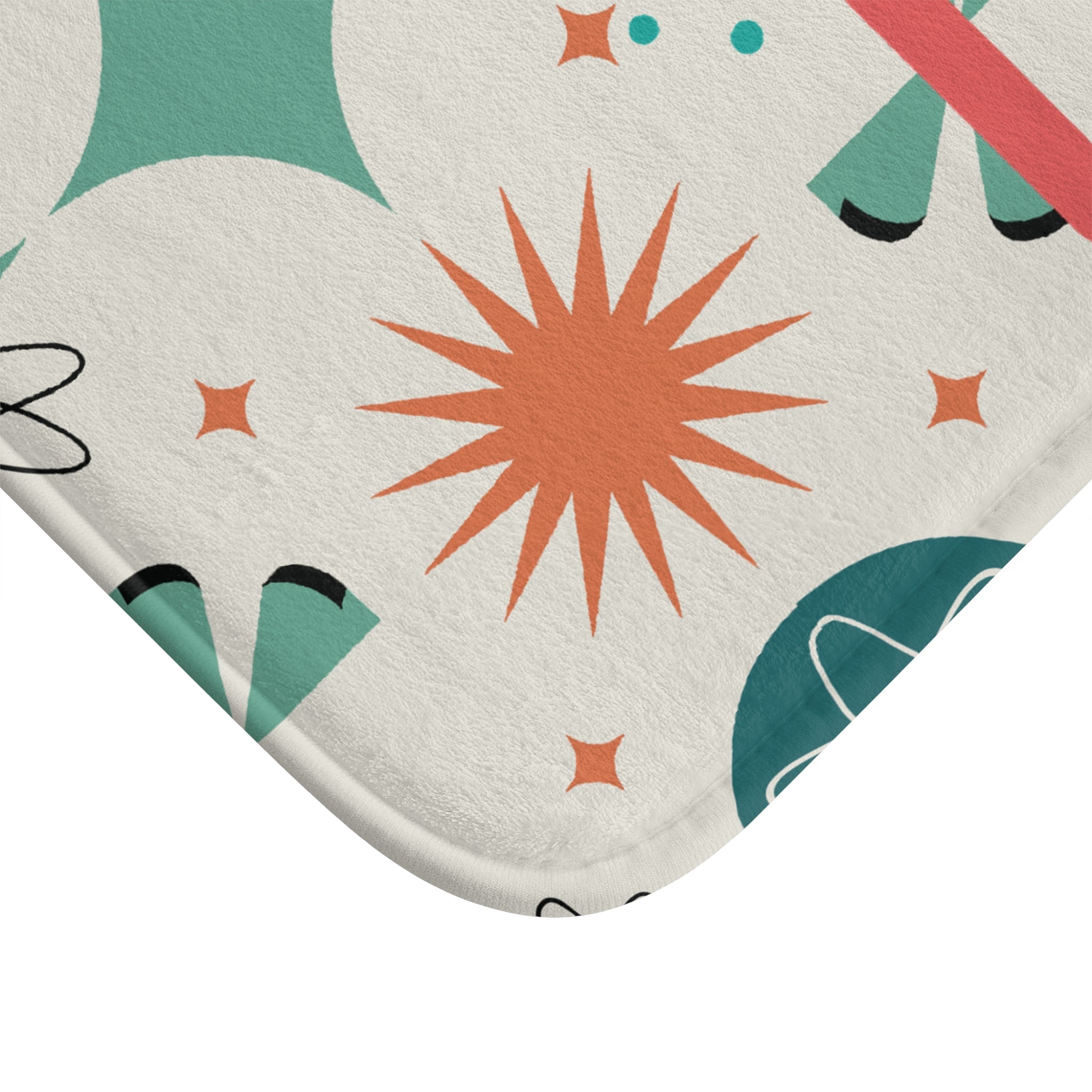 Kate McEnroe New York Mid Century Mod Dachshund Bath Mat, Teal Orange Cream Retro 50s Starburst BathBath Mats73202047155764953679