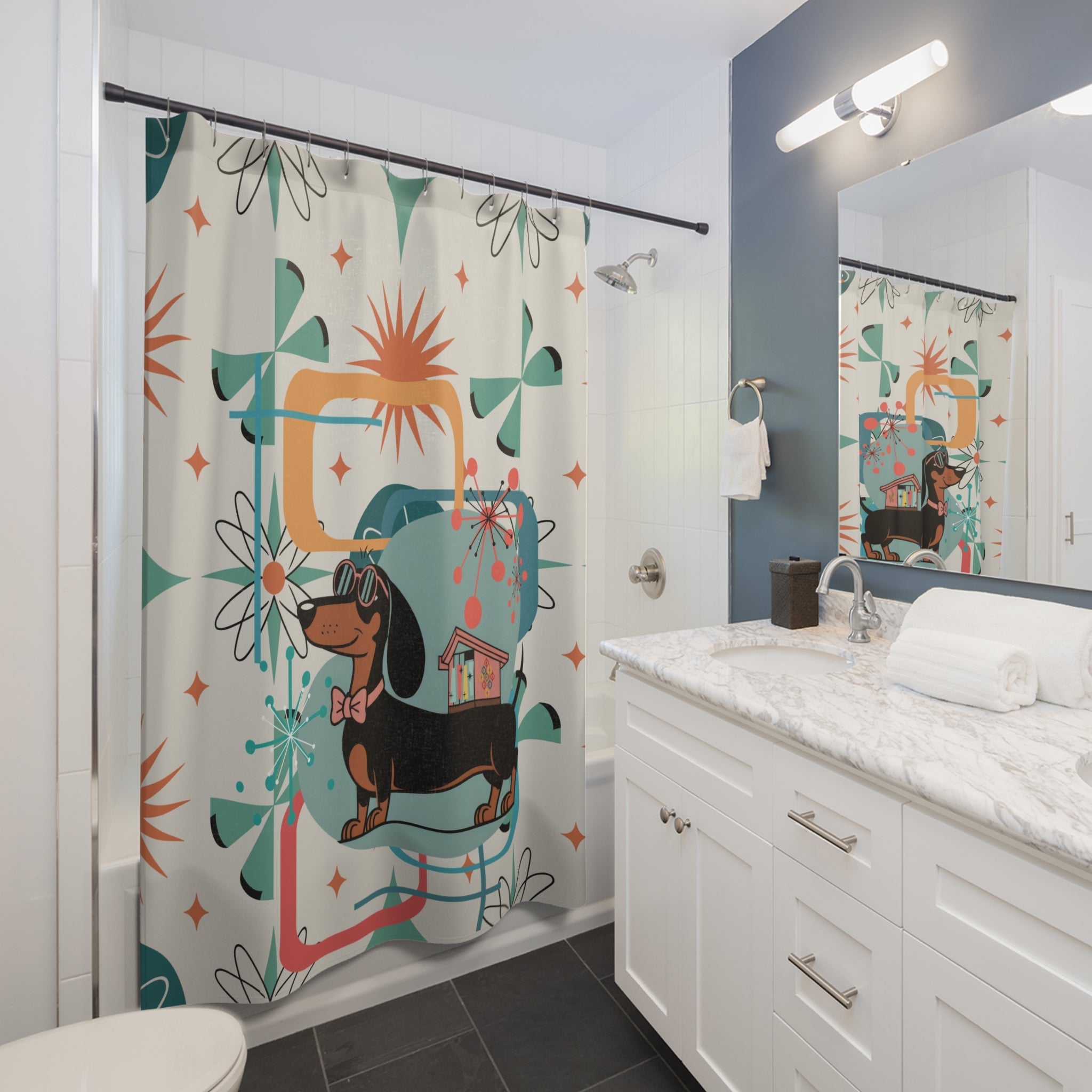 Kate McEnroe New York Mid Century Mod Dachshund Shower Curtain, Teal Orange Cream Retro 50s Starburst BathShower Curtains23822843520248759226