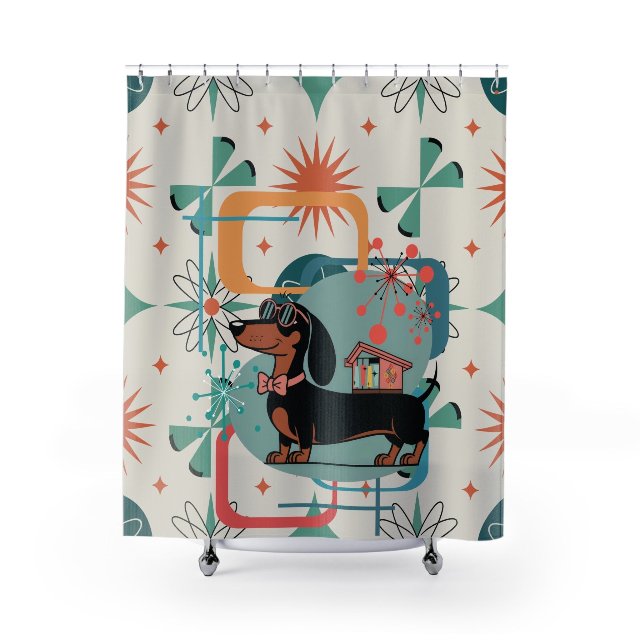 Kate McEnroe New York Mid Century Mod Dachshund Shower Curtain, Teal Orange Cream Retro 50s Starburst BathShower Curtains23822843520248759226
