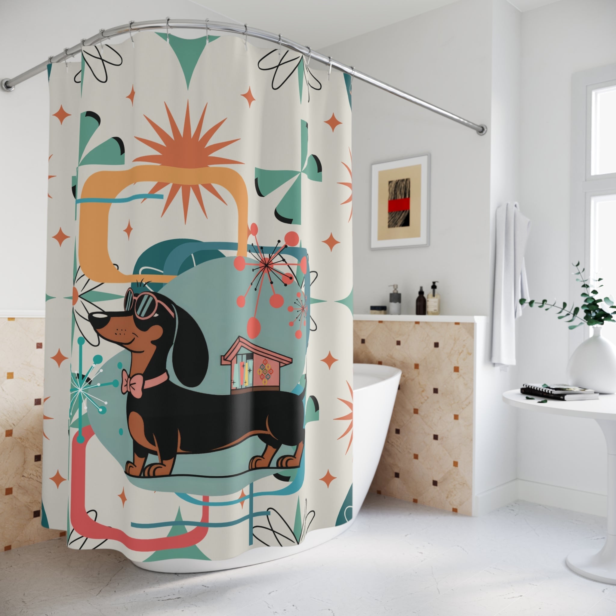 Kate McEnroe New York Mid Century Mod Dachshund Shower Curtain, Teal Orange Cream Retro 50s Starburst BathShower Curtains23822843520248759226