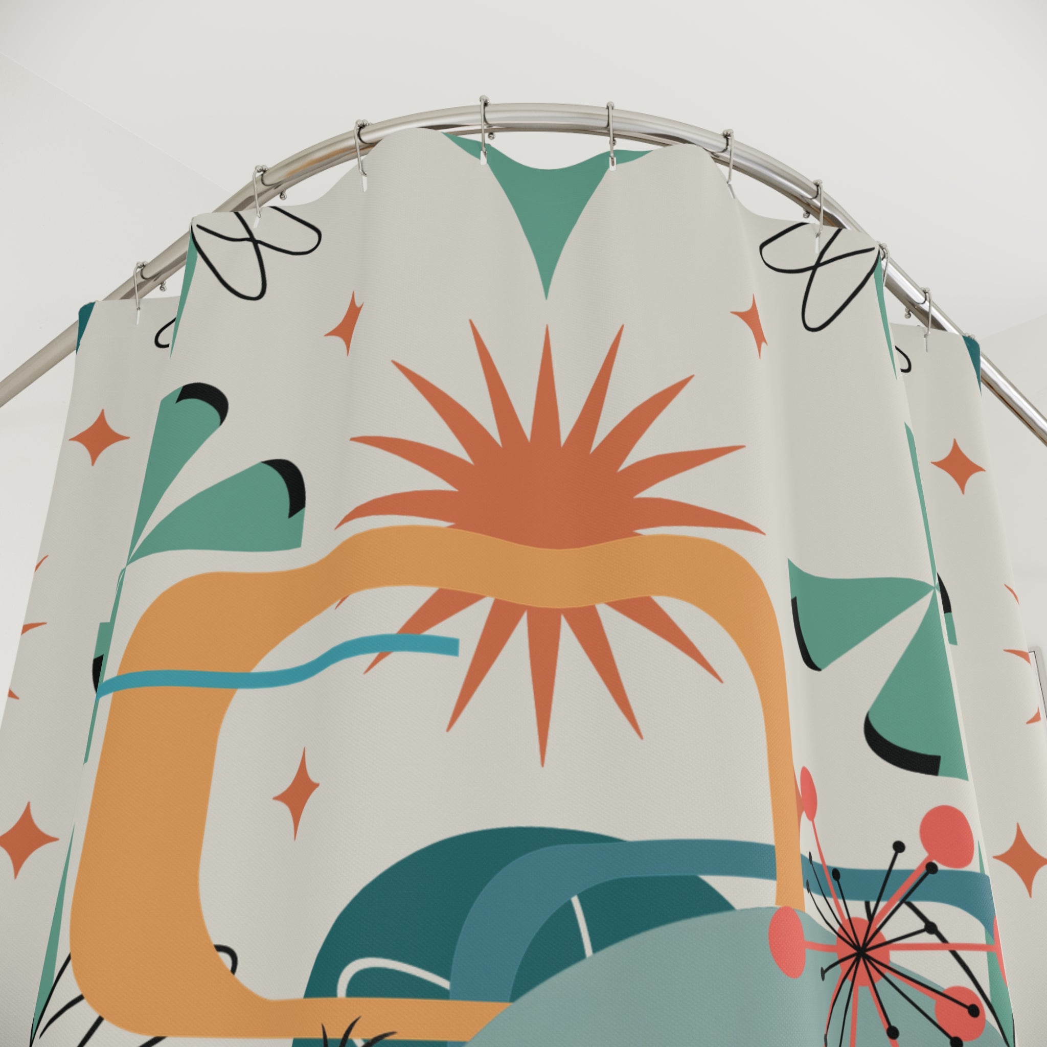 Kate McEnroe New York Mid Century Mod Dachshund Shower Curtain, Teal Orange Cream Retro 50s Starburst BathShower Curtains23822843520248759226