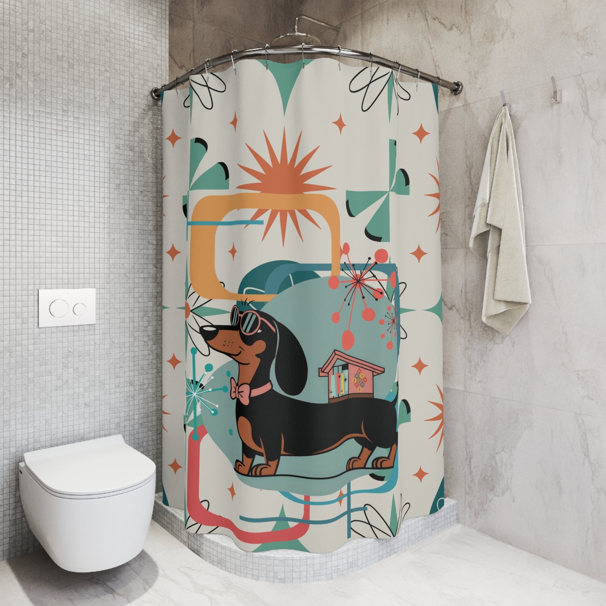 Kate McEnroe New York Mid Century Mod Dachshund Shower Curtain, Teal Orange Cream Retro 50s Starburst BathShower Curtains23822843520248759226