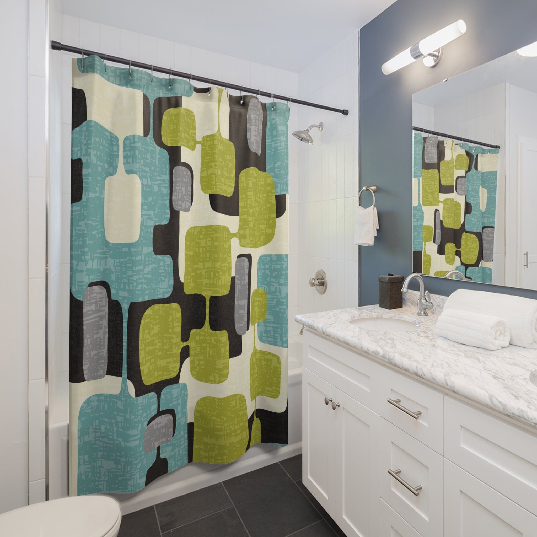 Kate McEnroe New York Mid Century Mod Geometric Shower Curtain, Teal & Lime Retro Bath DecorShower Curtains24160036939740436281