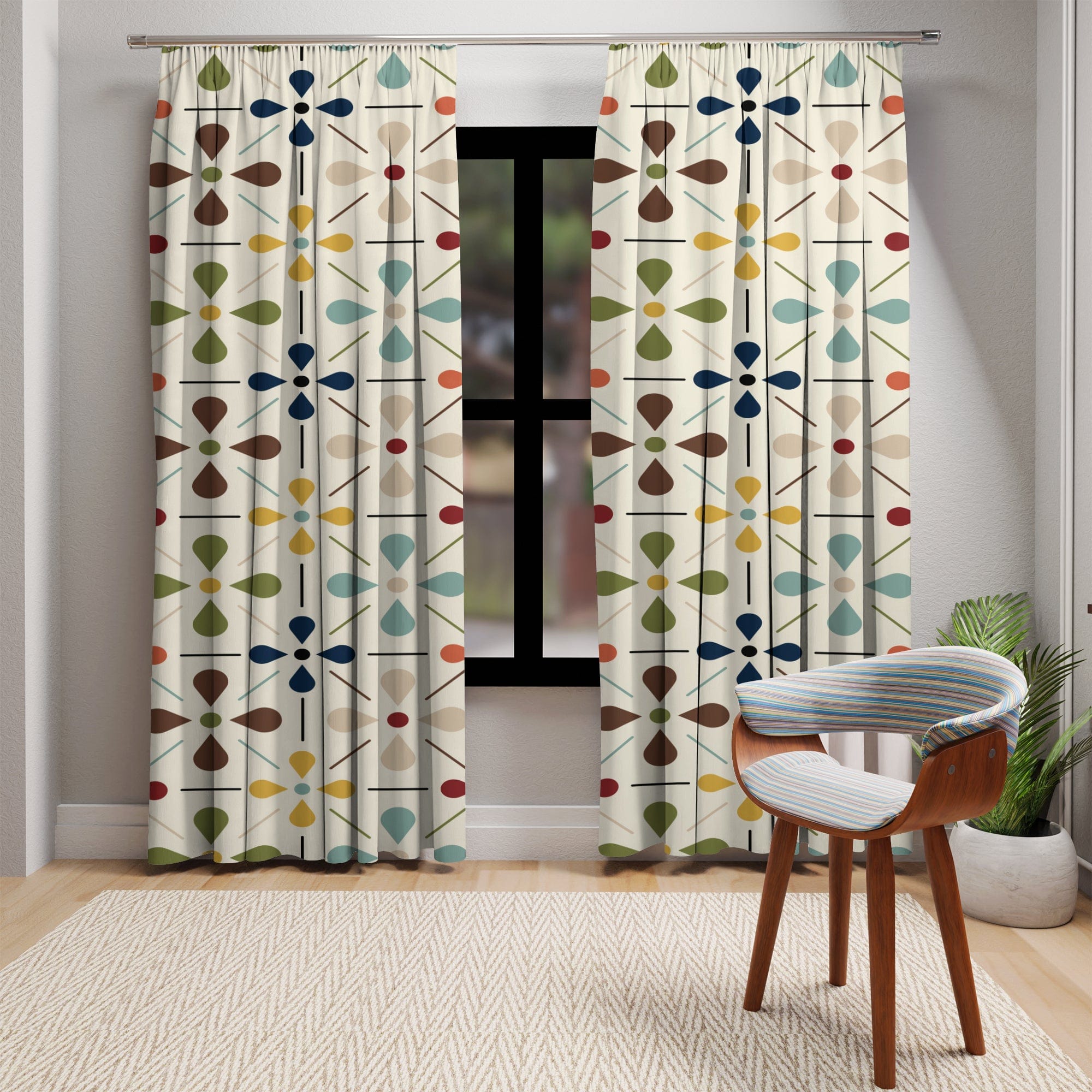 Kate McEnroe New York Mid Century Modern 1950s Retro Floral Window Curtains, Minimalist MCM Cream, Olive, Mustard, Brown Curtain Panel DrapesWindow Curtains19963197409764275225