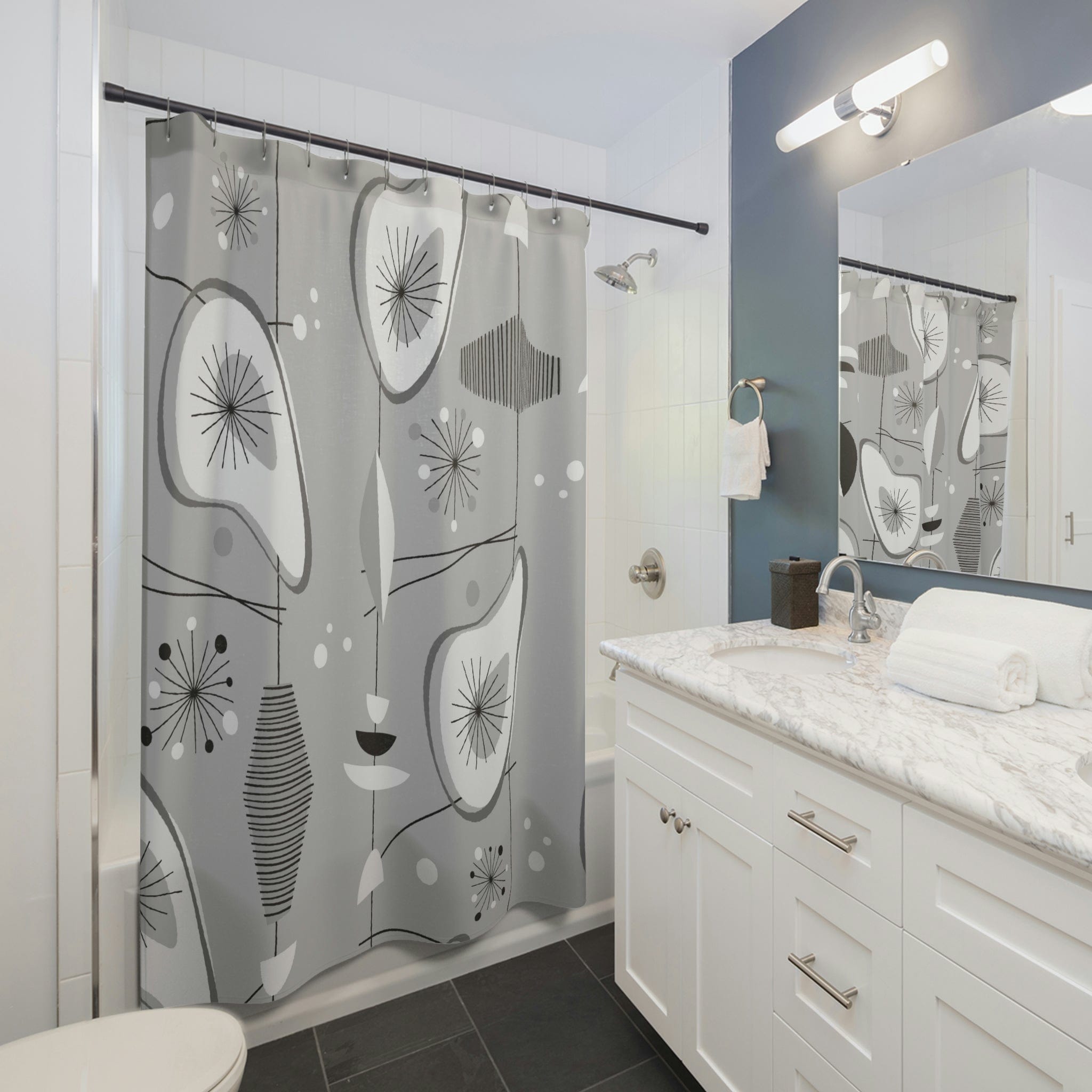 Kate McEnroe New York Mid Century Modern 1950s Retro Shower Curtain, Gray, Silver, White Abstract Art Bathroom Decor, Vintage Amoeba Bath CurtainsShower Curtains30652079633581258336