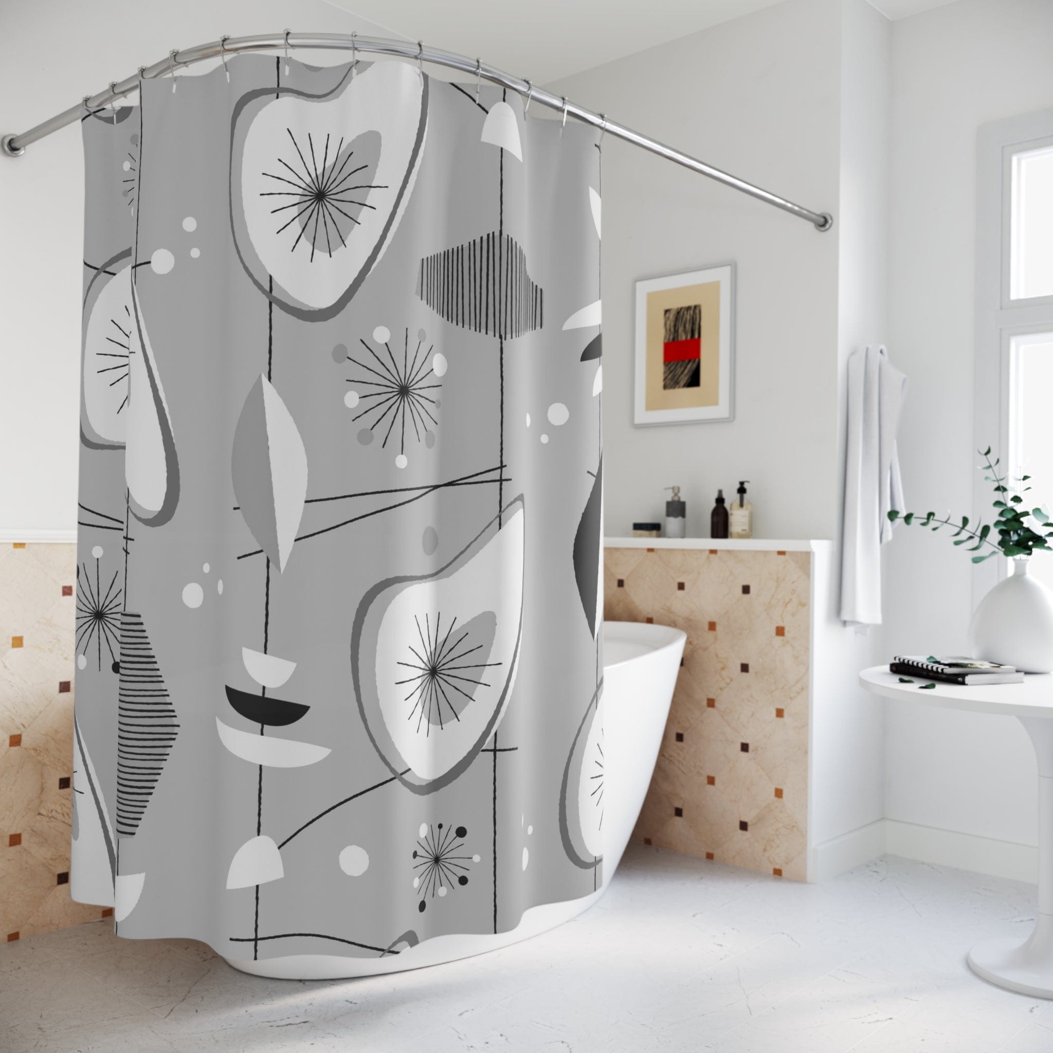 Kate McEnroe New York Mid Century Modern 1950s Retro Shower Curtain, Gray, Silver, White Abstract Art Bathroom Decor, Vintage Amoeba Bath CurtainsShower Curtains30652079633581258336