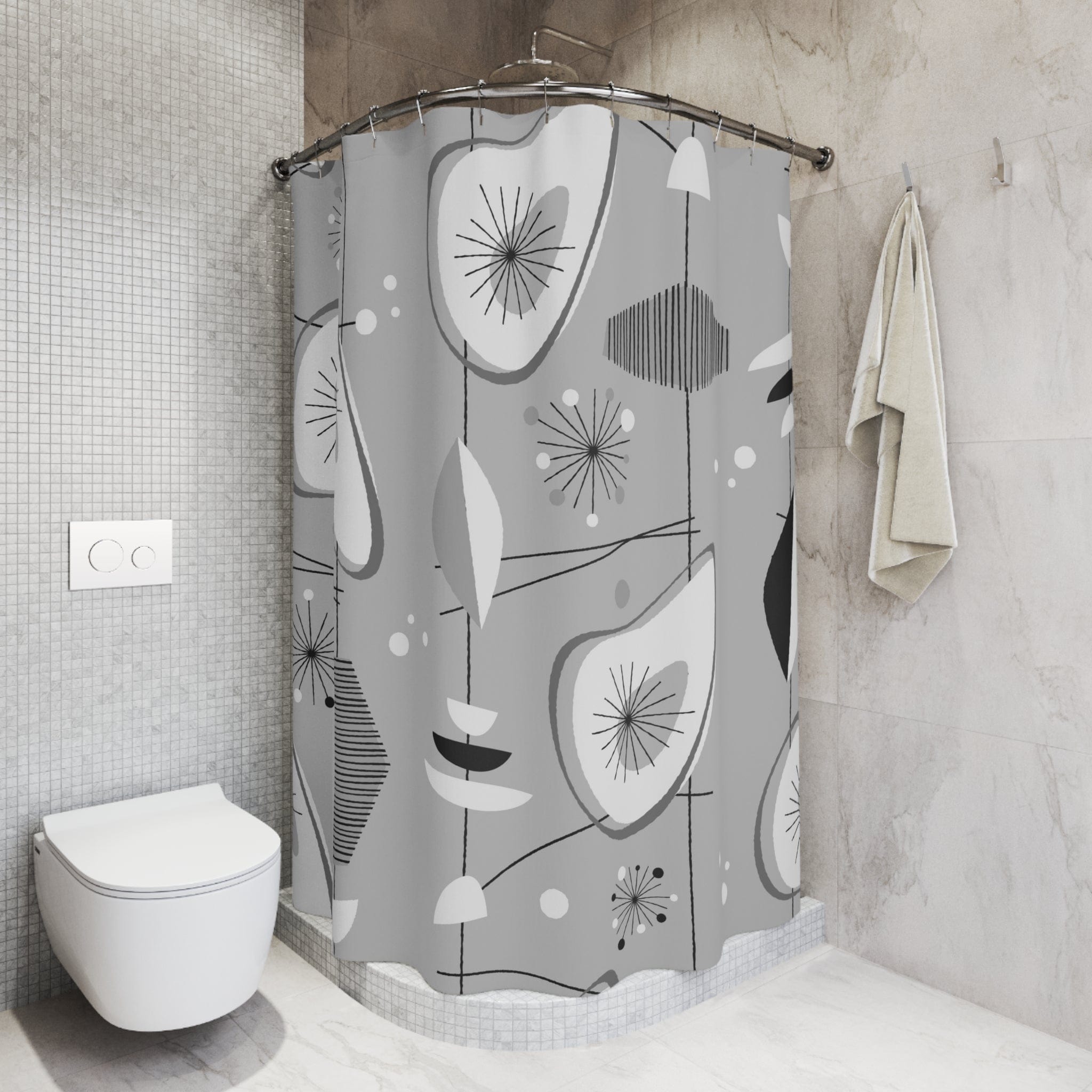 Kate McEnroe New York Mid Century Modern 1950s Retro Shower Curtain, Gray, Silver, White Abstract Art Bathroom Decor, Vintage Amoeba Bath CurtainsShower Curtains30652079633581258336