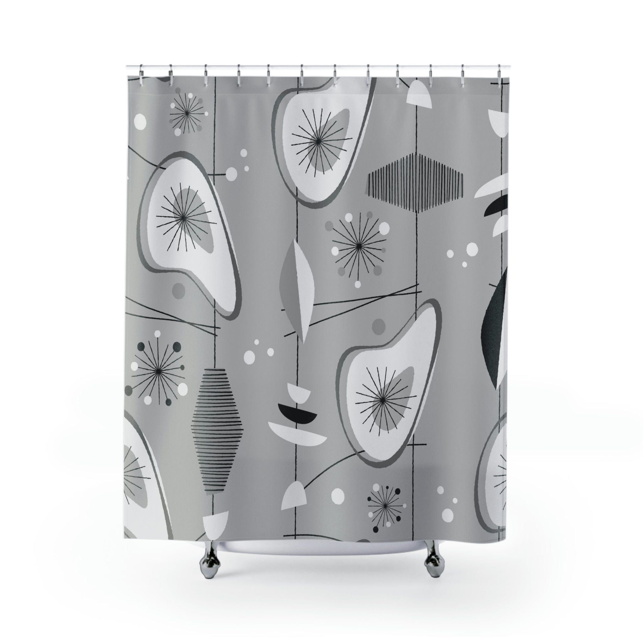 Kate McEnroe New York Mid Century Modern 1950s Retro Shower Curtain, Gray, Silver, White Abstract Art Bathroom Decor, Vintage Amoeba Bath CurtainsShower Curtains30652079633581258336