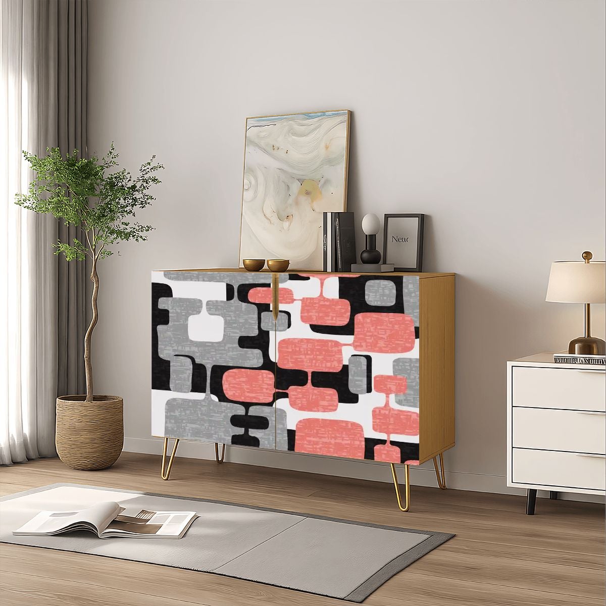 Kate McEnroe New York Mid Century Modern 60s Abstract Coral Pink Geometric Storage Cabinet CredenzaStorage Cabinets6WonZzIPvE