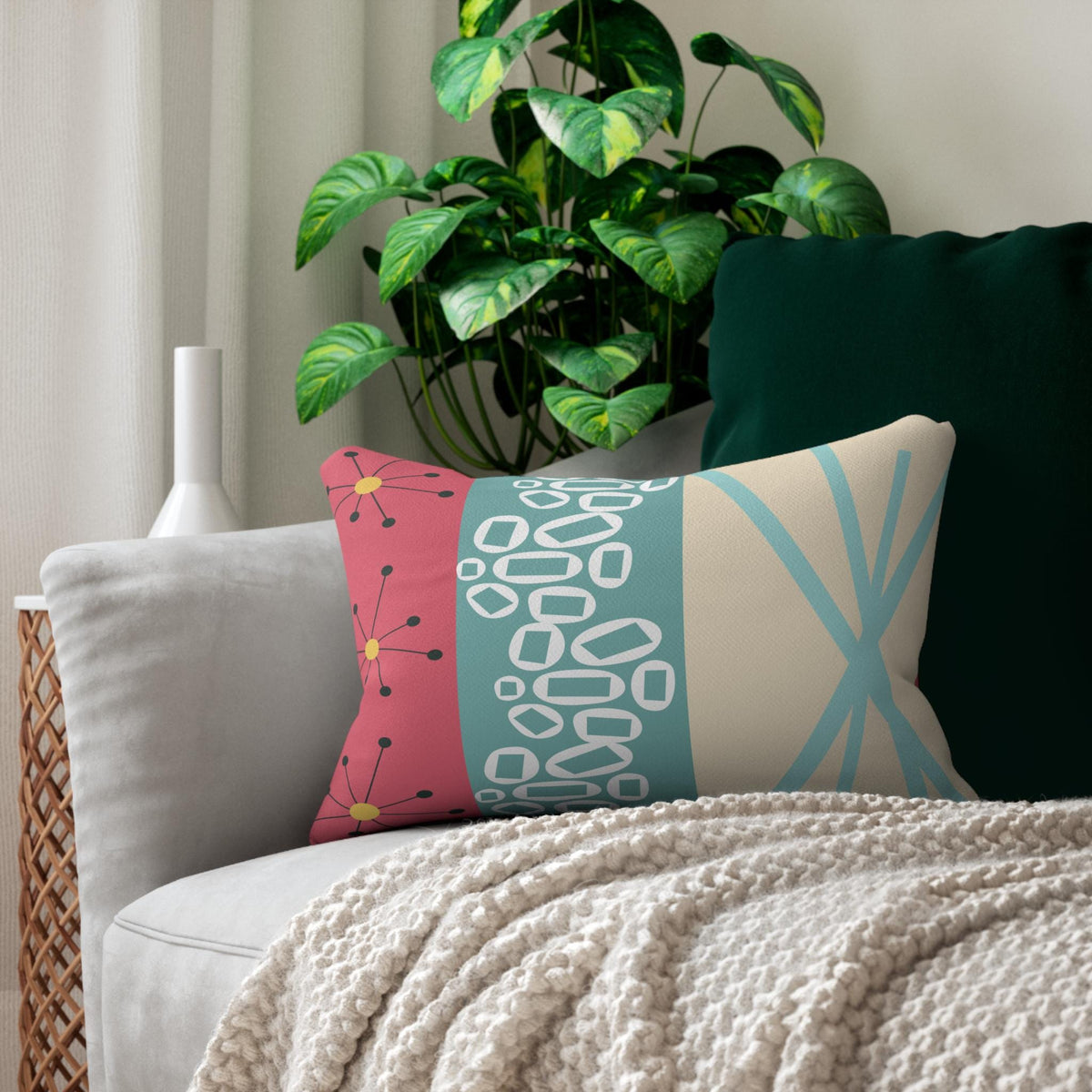 Kate McEnroe New York Mid Century Modern Abstract Lumbar Pillow, 50s Teal Coral Geometric DecorLumbar Pillows22808476397084011065