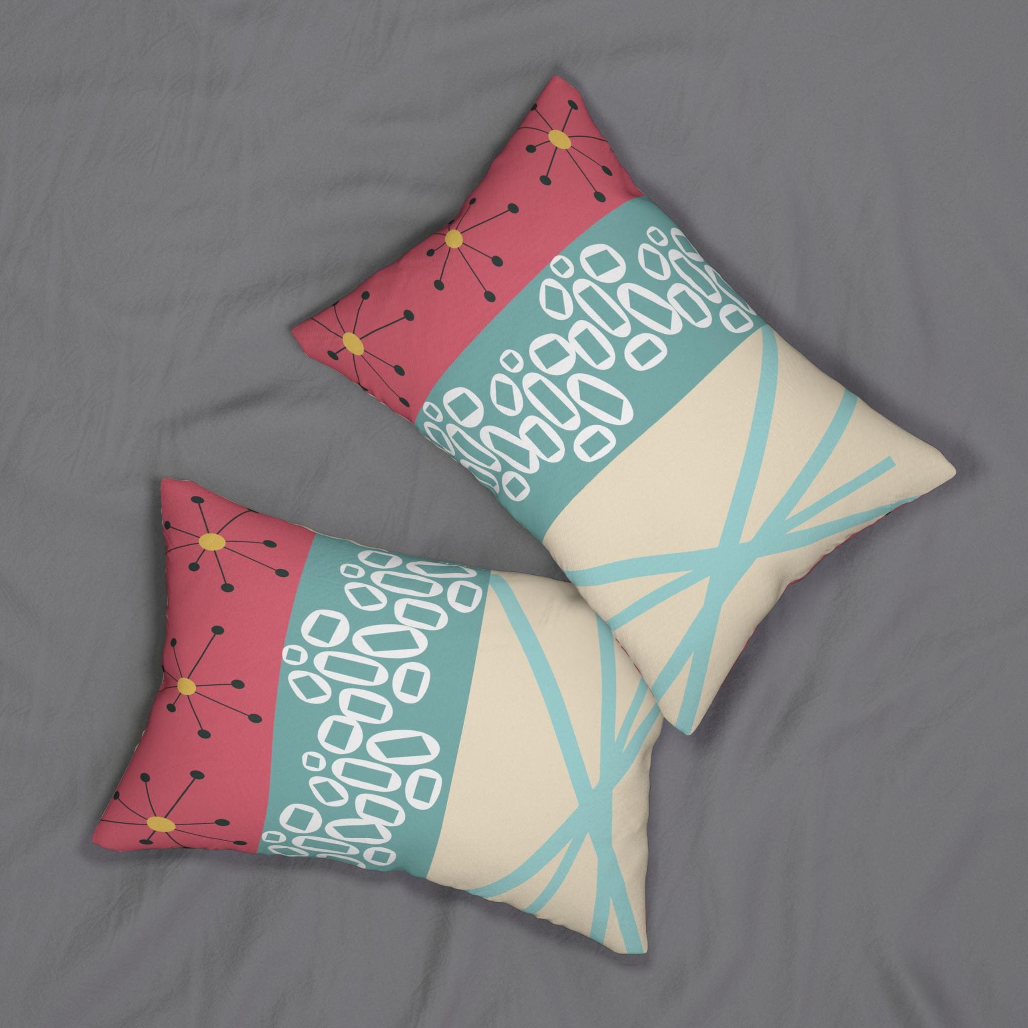 Kate McEnroe New York Mid Century Modern Abstract Lumbar Pillow, 50s Teal Coral Geometric DecorLumbar Pillows22808476397084011065