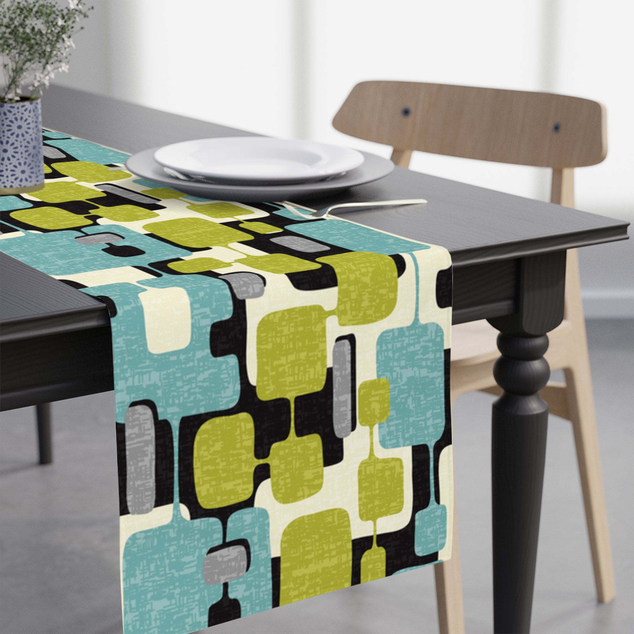 Kate McEnroe New York Mid Century Modern Abstract Table Runner, Retro Teal, Lime Green, Gray, Cream Geometric Table LinenTable Runners99520907847448973600