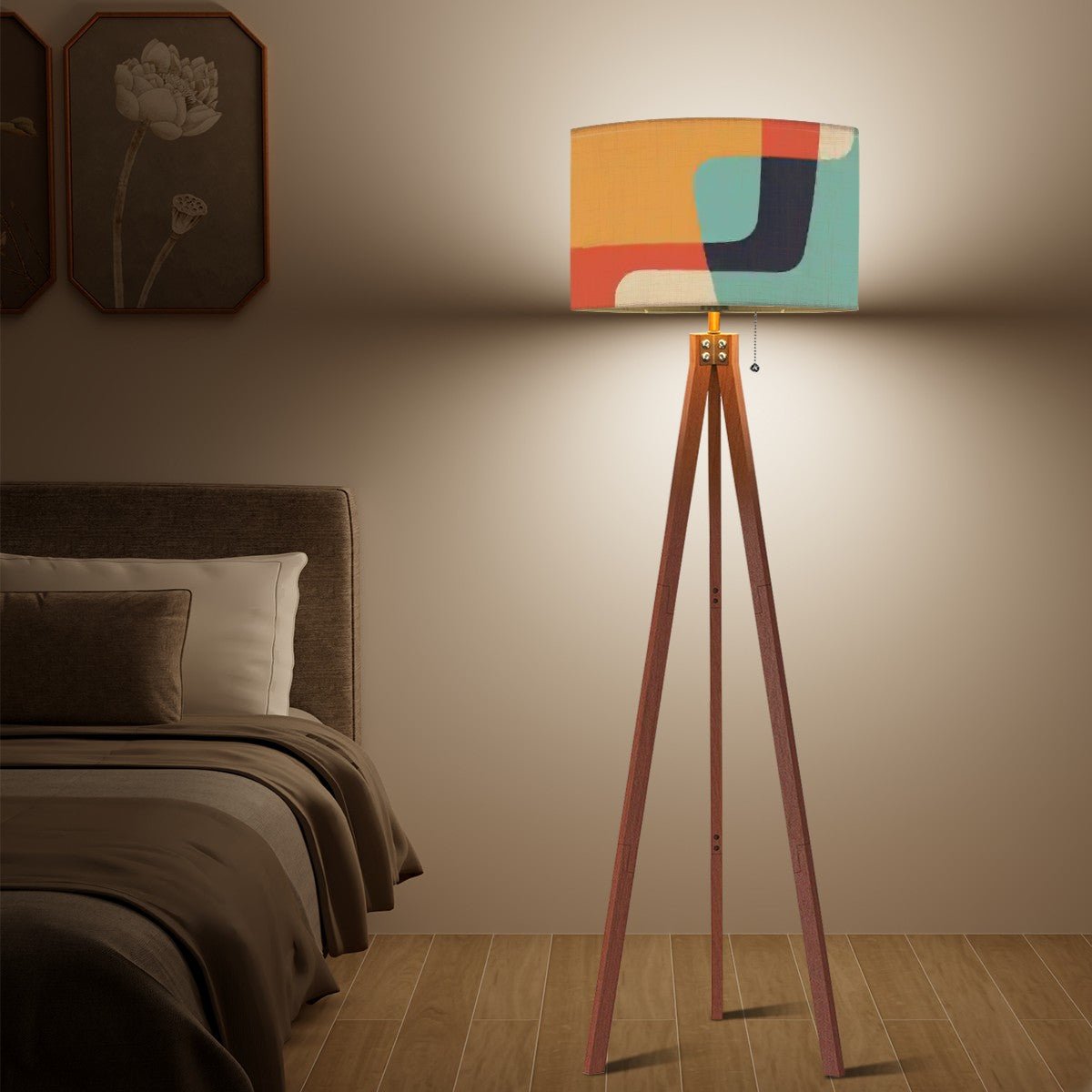Kate McEnroe New York Mid Century Modern Abstract Tripod Floor Lamp, Retro MCM Wooden Standing Light, Bold Geometric Shade, Vintage Accent LightingFloor LampsnAnSYf8kz8