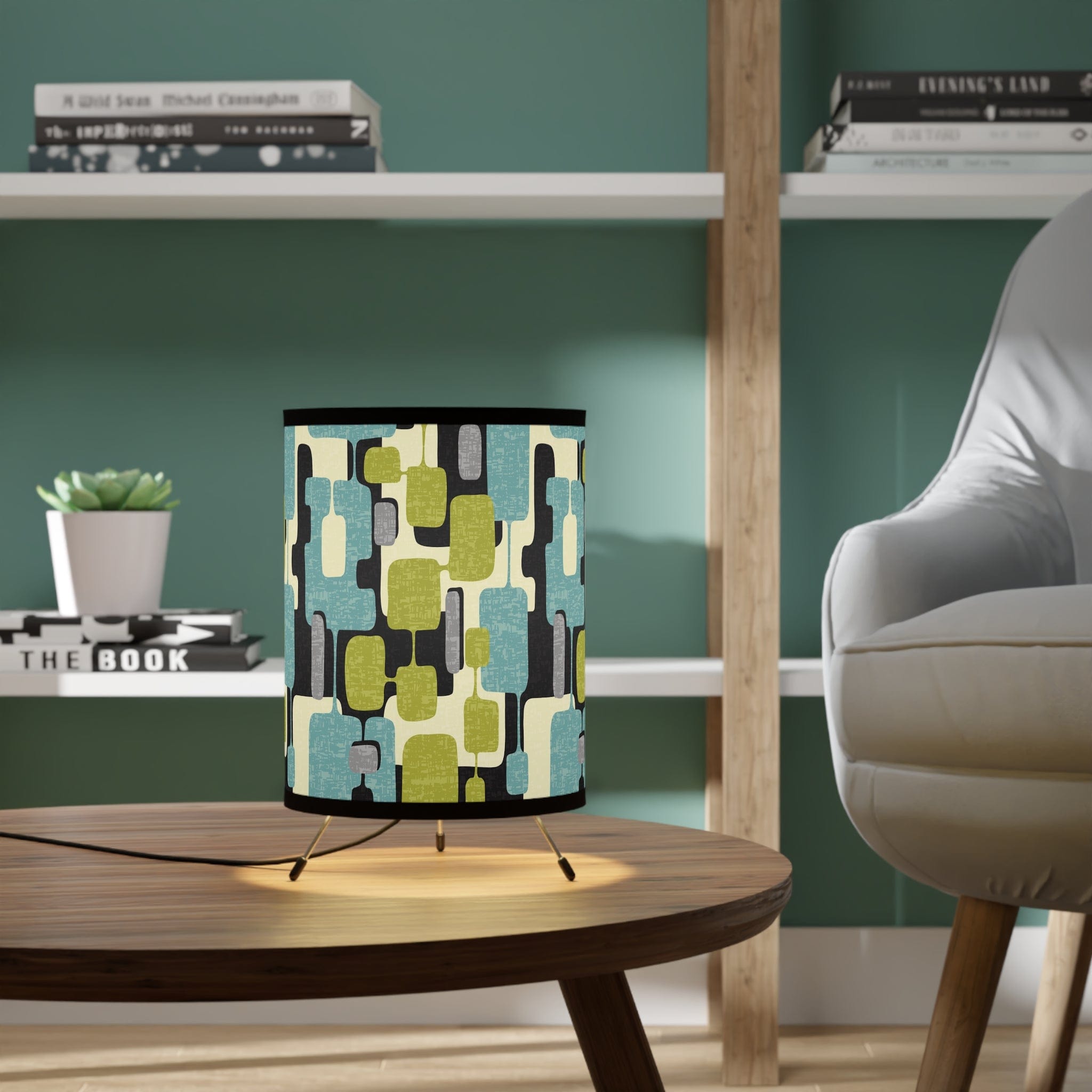 Kate McEnroe New York Mid Century Modern Abstract Tripod Lamp, Retro Teal, Lime Green, Gray, Black MCM Desk Lamp, Vintage Style Geometric Accent LampLamps23244726713903750746