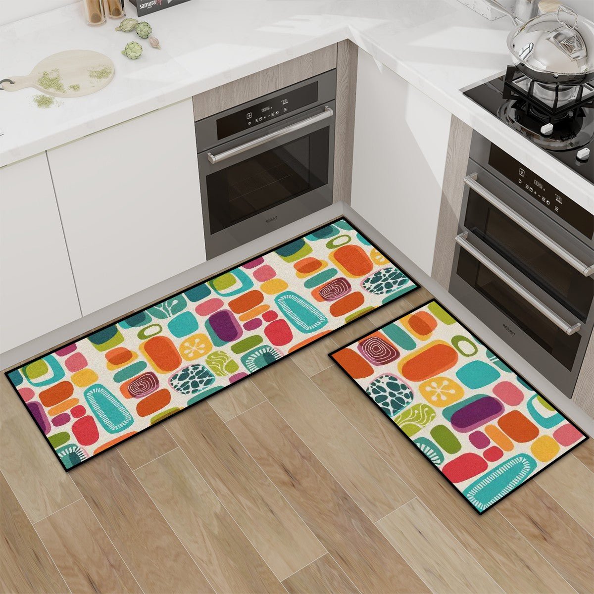 Kate McEnroe New York Mid Century Modern Amoeba Mat Set, Retro 50s Kitchen Bath RugsKitchen Floor MatsCcZNOwCDv2