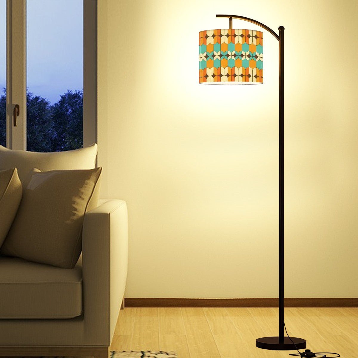 Kate McEnroe New York Mid Century Modern Arc Floor Lamp, Retro Geometric Linen Drum Shade in Orange and Aqua, MCM Living Room, Bedroom Accent LampFloor Lamps4Q1r1tKxxO