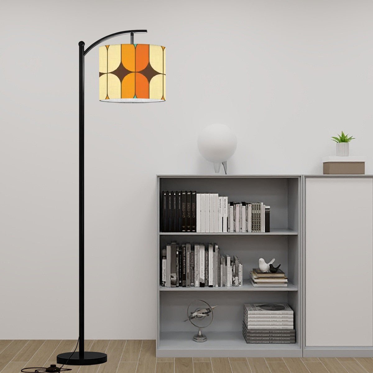 Kate McEnroe New York Mid Century Modern Arch Floor Lamp, Retro Geometric Drum Shade, Atomic Era Living Room Accent LightingFloor LampsQ9gIlhaHtn